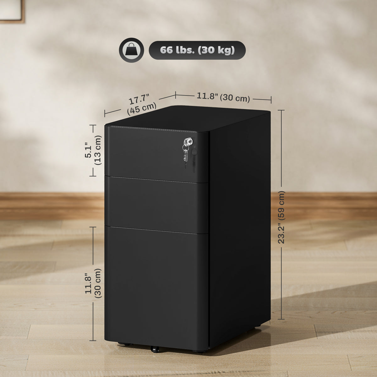 3-Drawer Locking Steel Filing Cabinet - Black 23" H