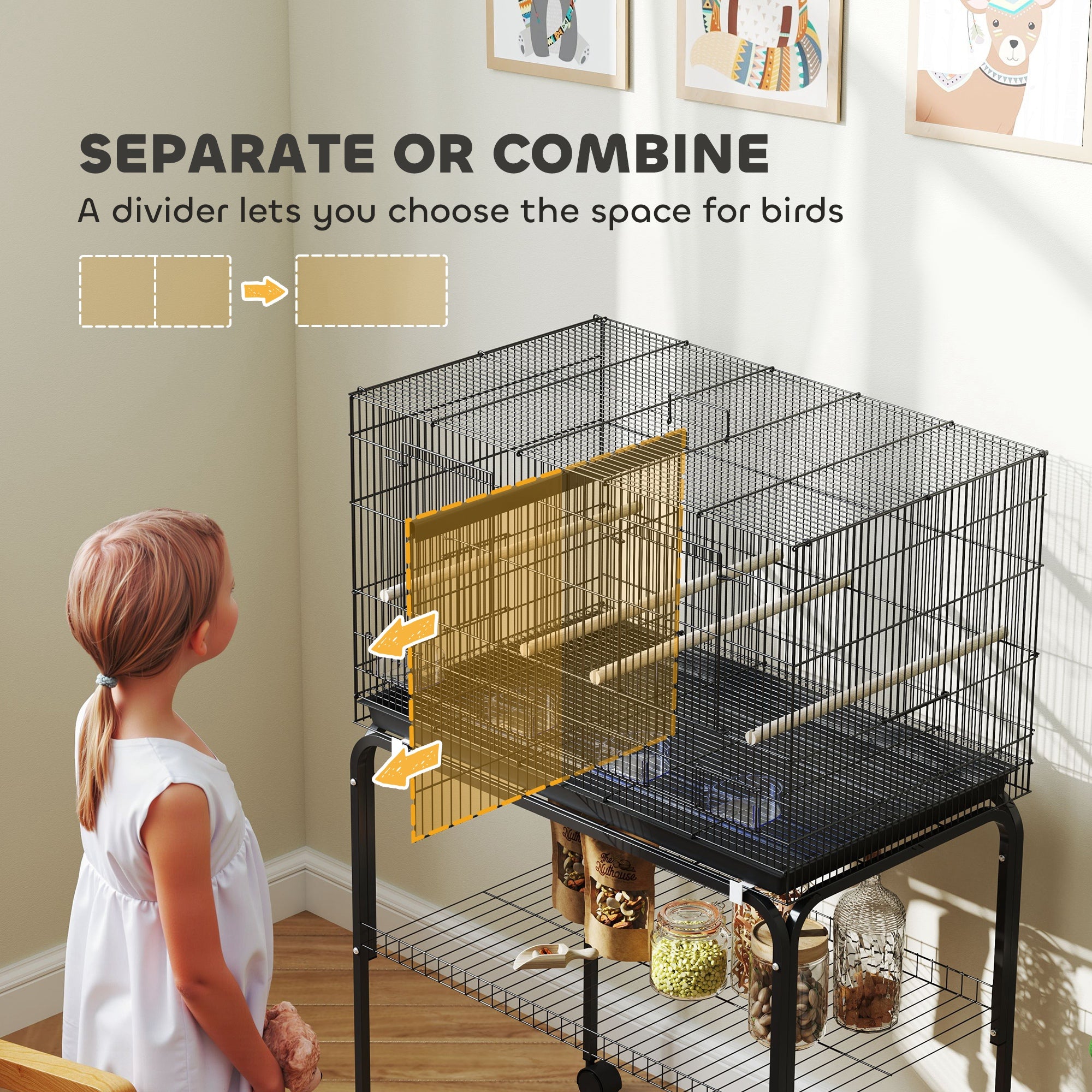 46" H Bird Cage, Large Parakeet Cage for Budgie, Lovebird, Canary, Finches with Divider, Black