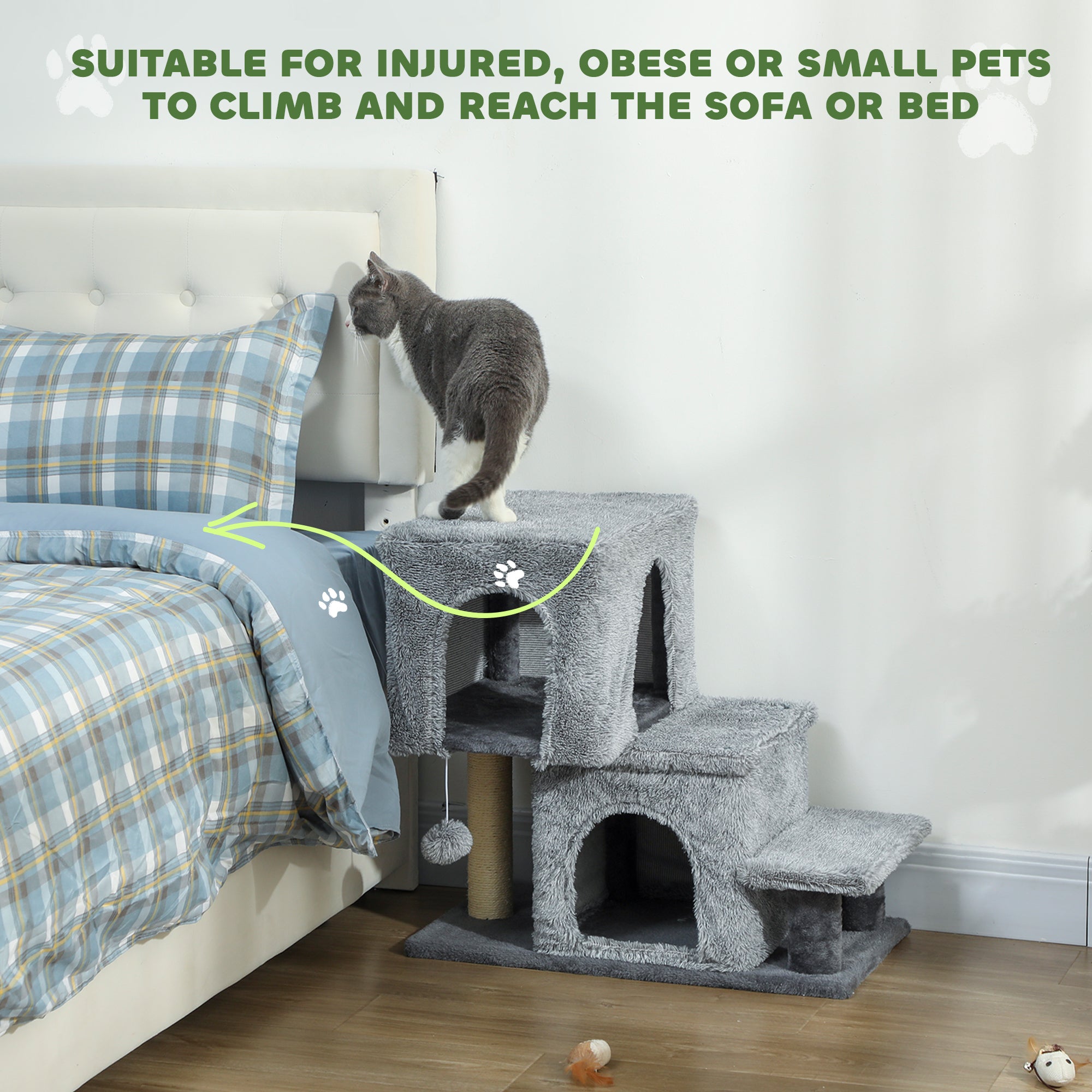4-Step Pet Stairs, Adjustable Height Cat Stairs with Scratching Posts Cat Condo, Hanging Ball for High Bed, Grey