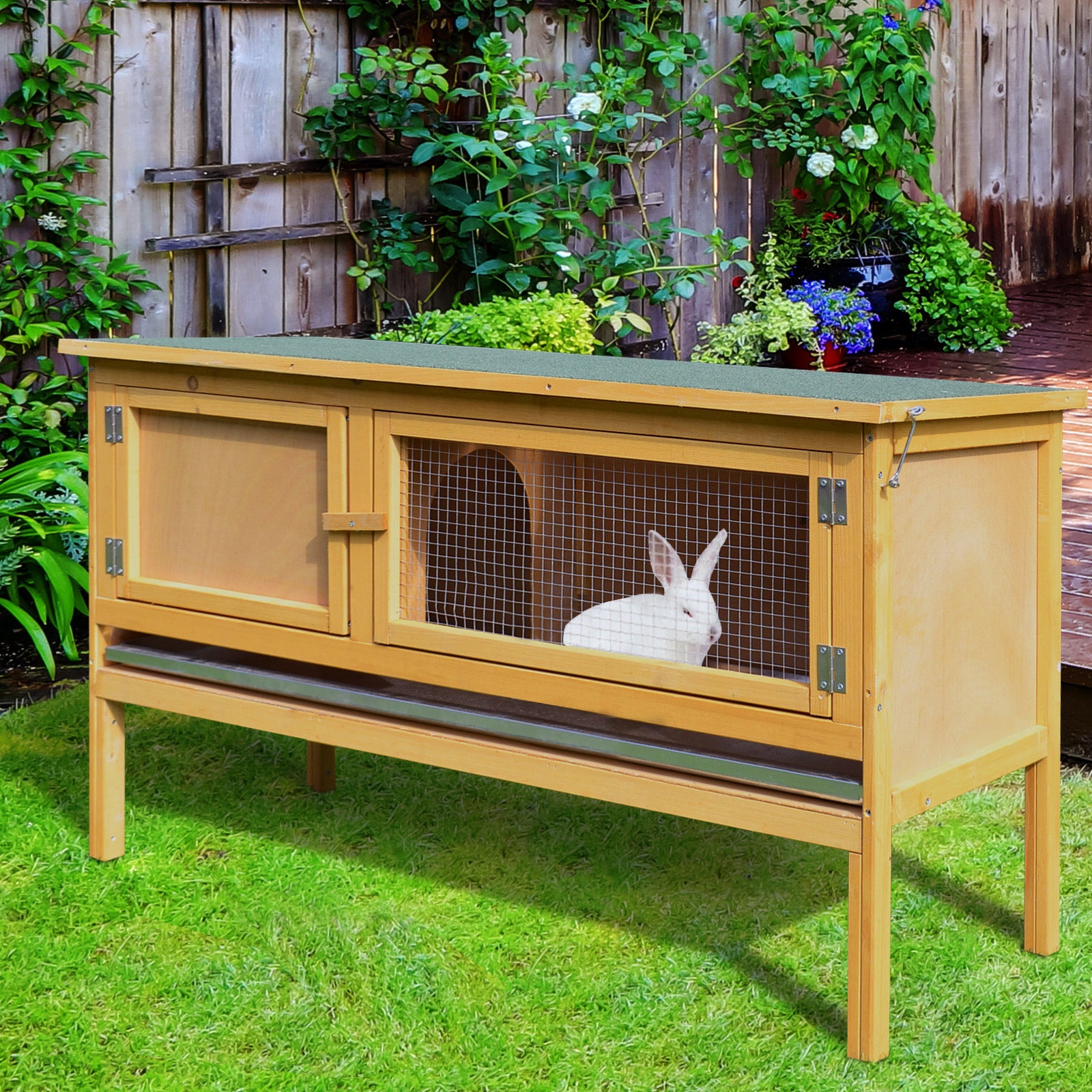 Wooden Rabbit Hutch, Indoor Outdoor Bunny Cage with Slide-Out Tray and Openable Roof, Small Animal Cage