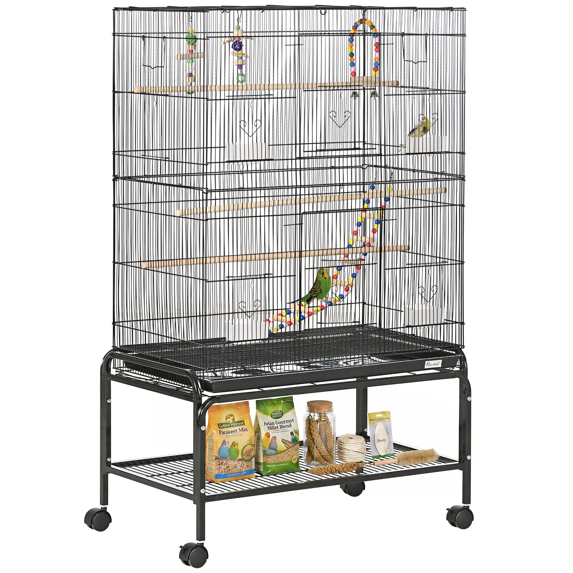 52" Bird Cage with Rolling Stand, Toys, for Budgies Canaries Black