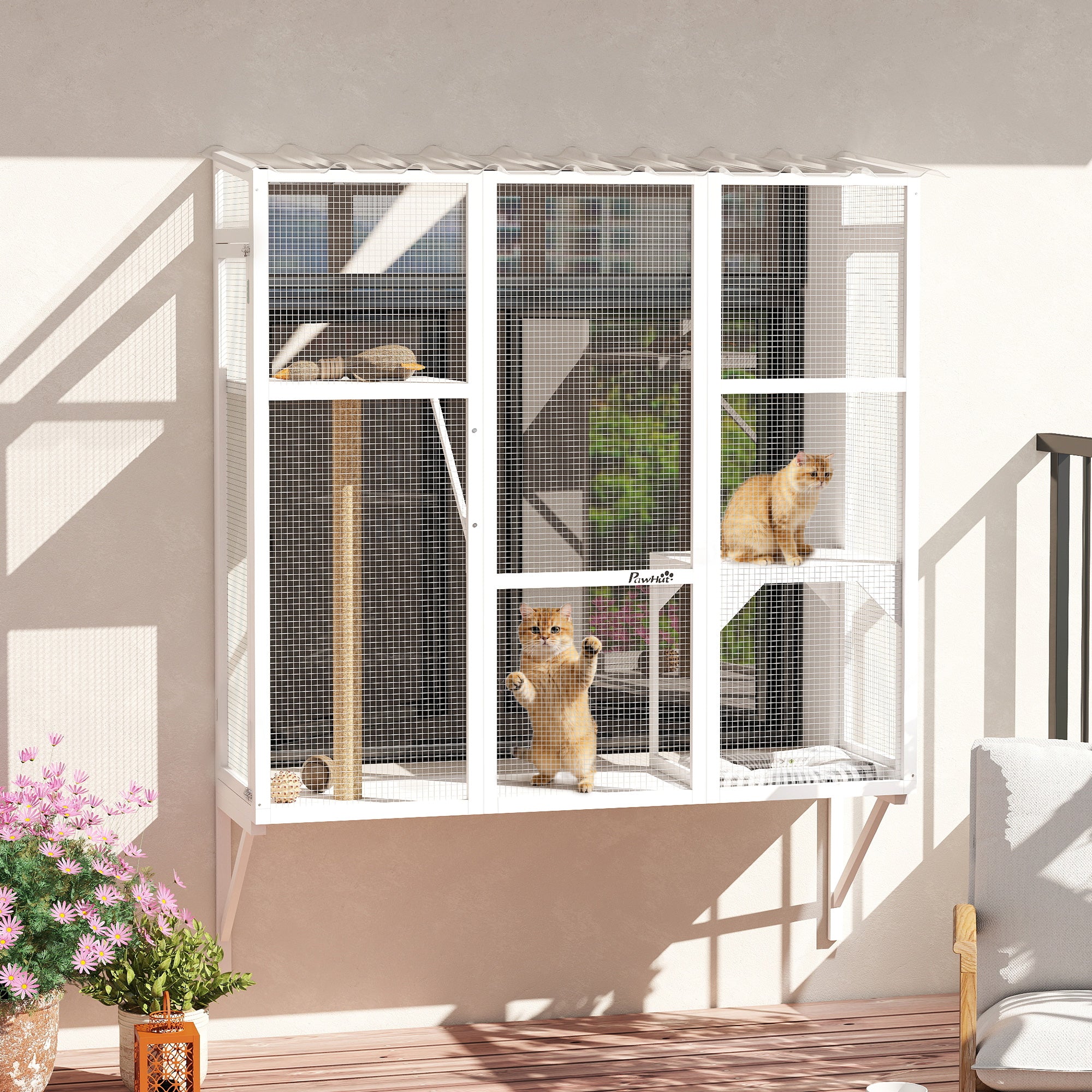Outdoor Wooden Catio Enclosure - 3-Tier Window Box, White