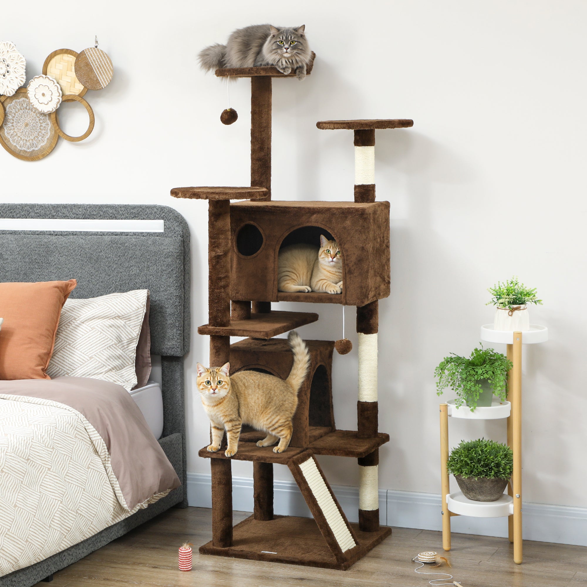 63" Cat Tree, Multi-Level Cat Tower with Scratching Posts, Cat Condos, Bed, Platforms, Ramp, Toy Ball, Light Brown
