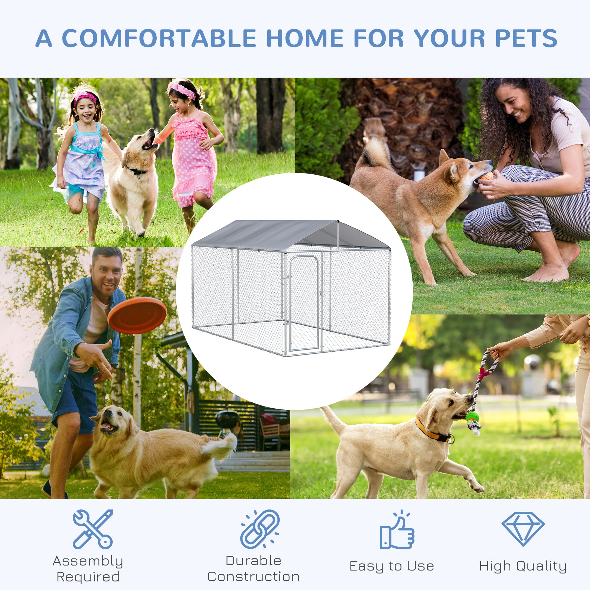 Dog Kennel Outdoor, Heavy Duty Playpen with Secure Lock, Cover, for Backyard & Patio, 13.1' x 7.5' x 7.5'