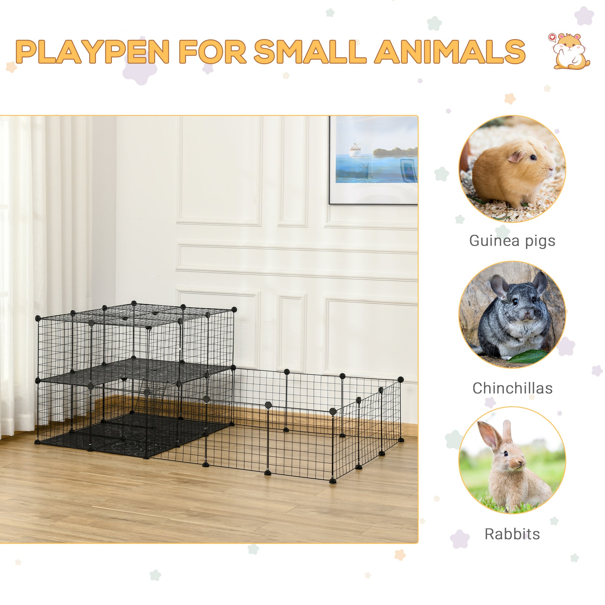 Parc pour animaux de compagnie de 46 panneaux, parc modulable pour petits animaux, clôture portable intérieure pour cochons d’Inde, lapins, hamsters et hérissons