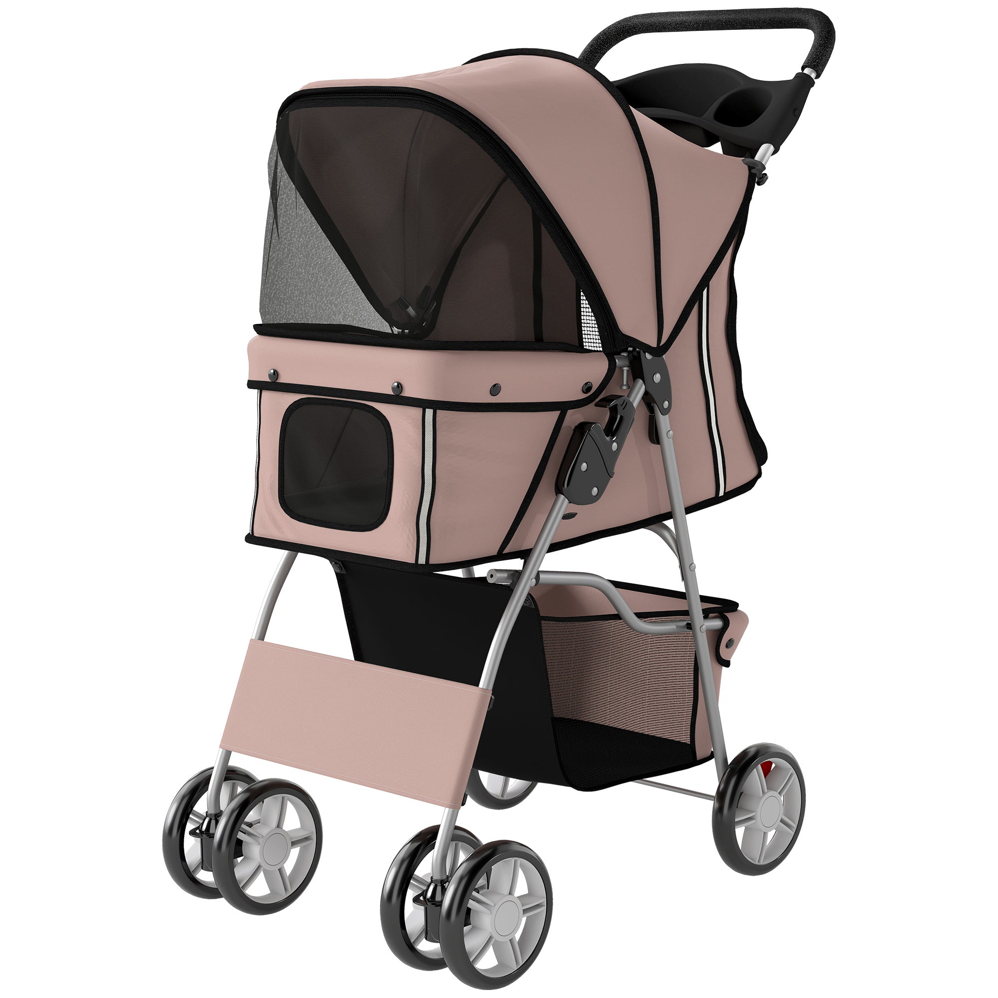 Pet Stroller for Dogs & Cats, Foldable Dog Stroller with Wheels, Reflective Strips, Brake, Pad and Basket, Coffee