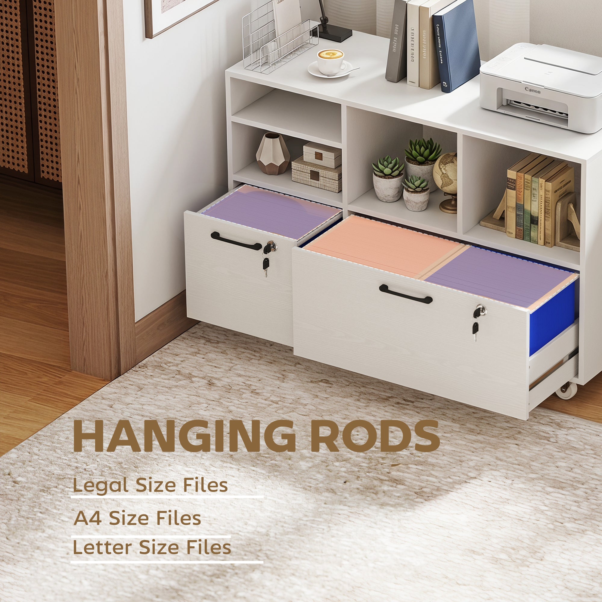 2-Drawer Mobile Lateral File Cabinet with Charging Station - White