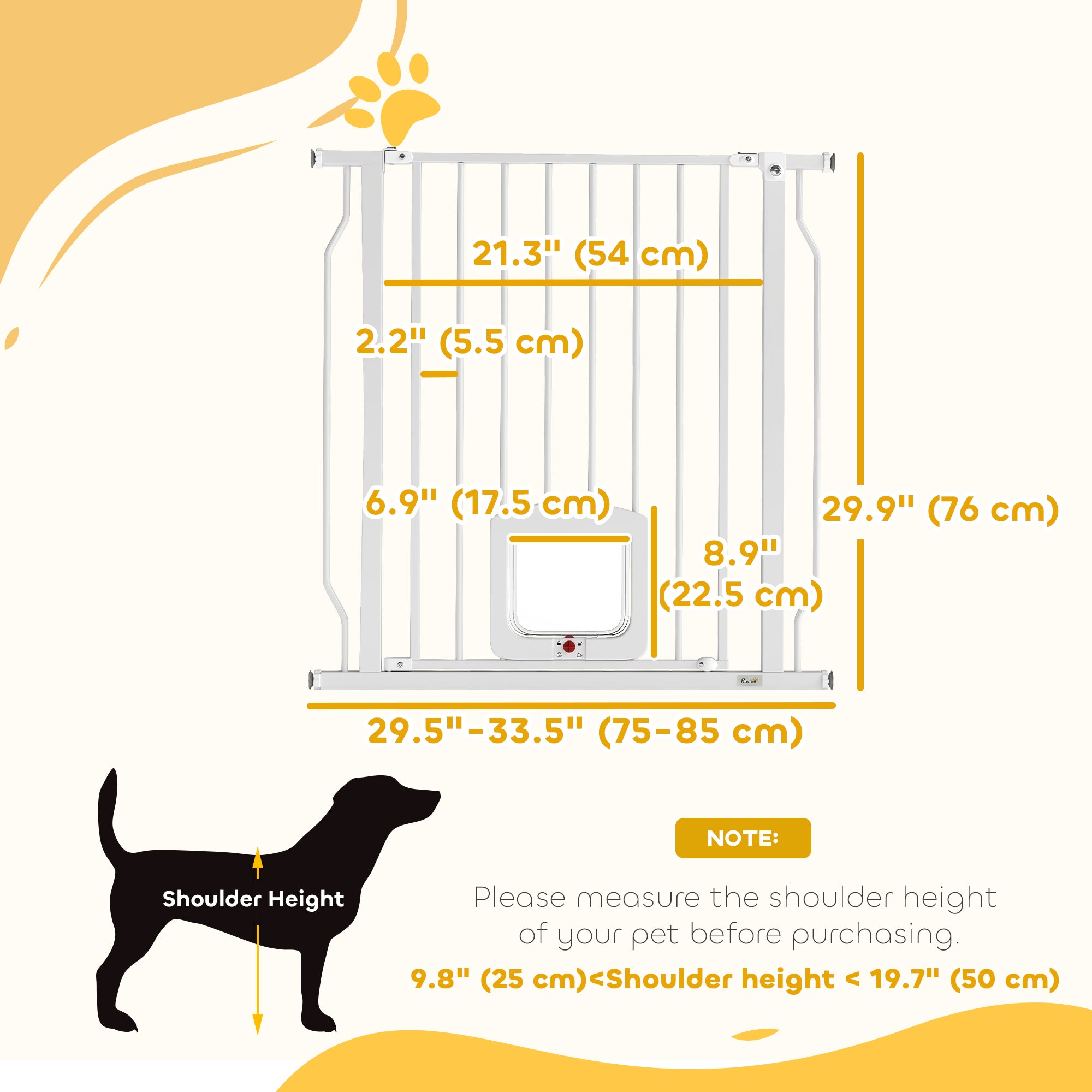 29.5-33.5" Adjustable Dog Gate with Cat Door, Easy Install Pressure/Hardware Mounted Pet Gate for Doorways, White