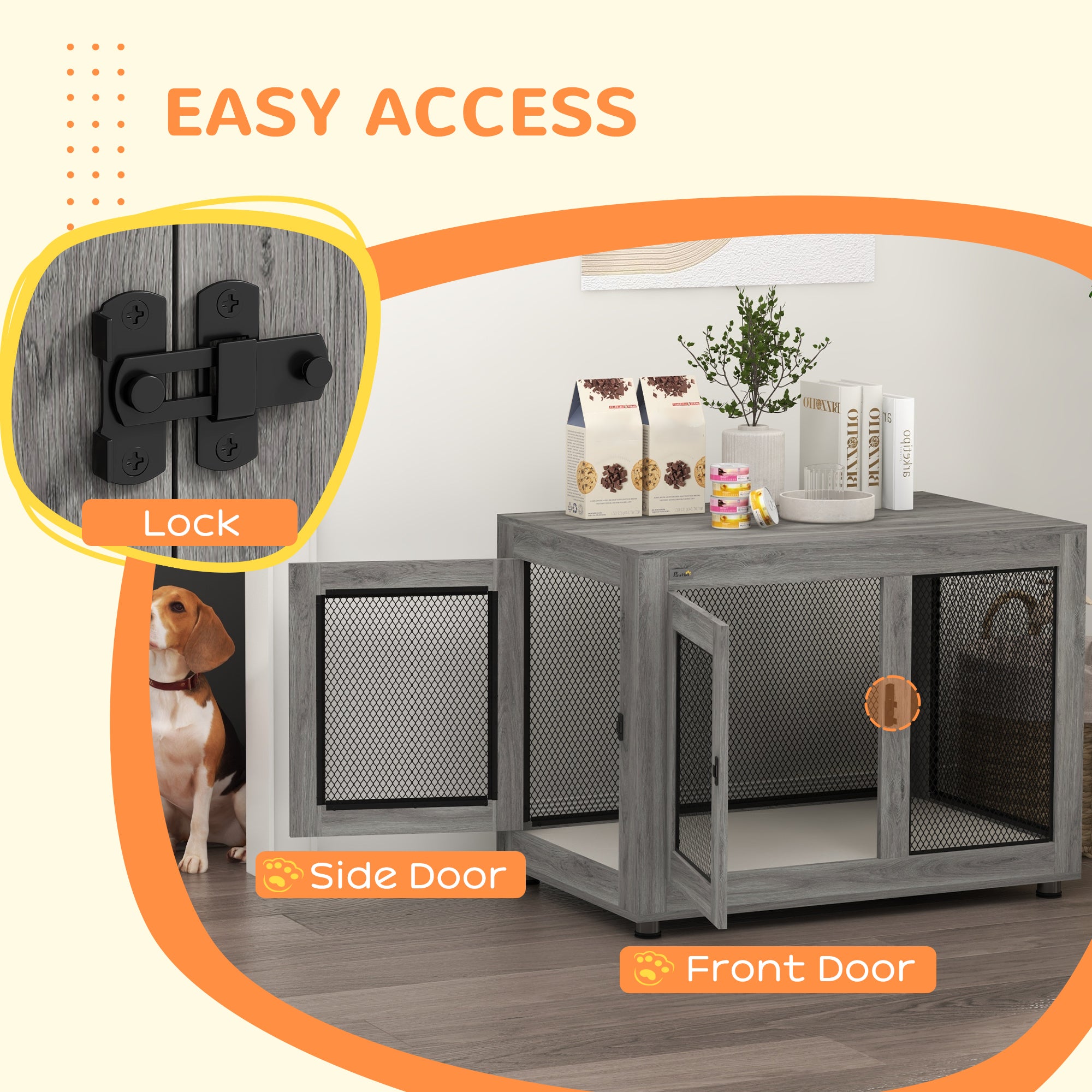 Pet Crate End Table with Water-resistant Cushion or Large Medium Dogs, Grey