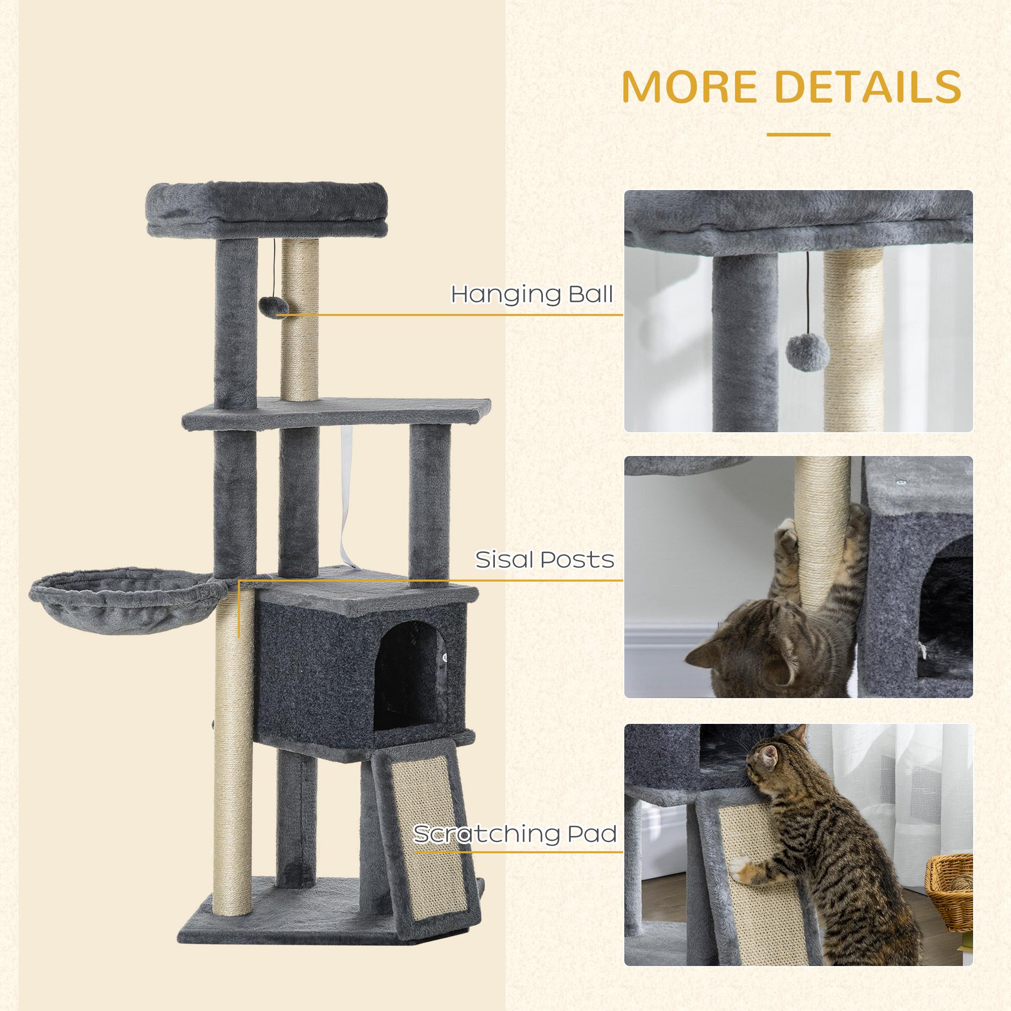 50 Inch Cat Tree, Multi-Level Cat Tower with Sisal Scratching Posts and Ramp, Bed, Condo, Hammock, Toy Ball, Grey