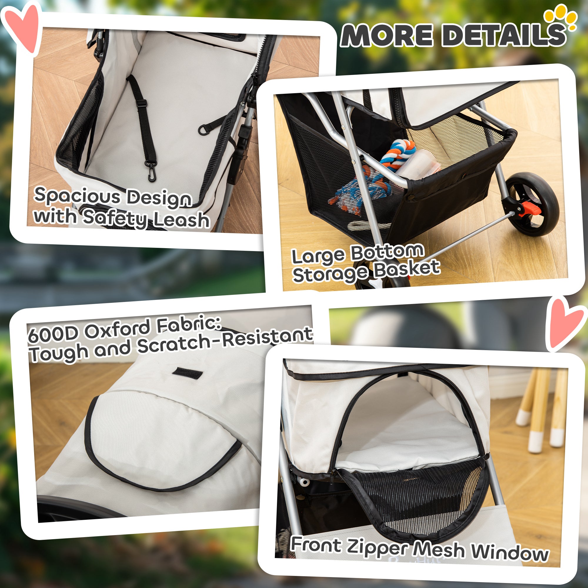 Cat Dog Stroller, One-click Foldable Pet Stroller w/Cup Holder, 4 Wheels Travel Carrier w/Brakes, 360° Swiveling Front Wheels, Storage Basket, for XS/Small Dogs Cats, Grey