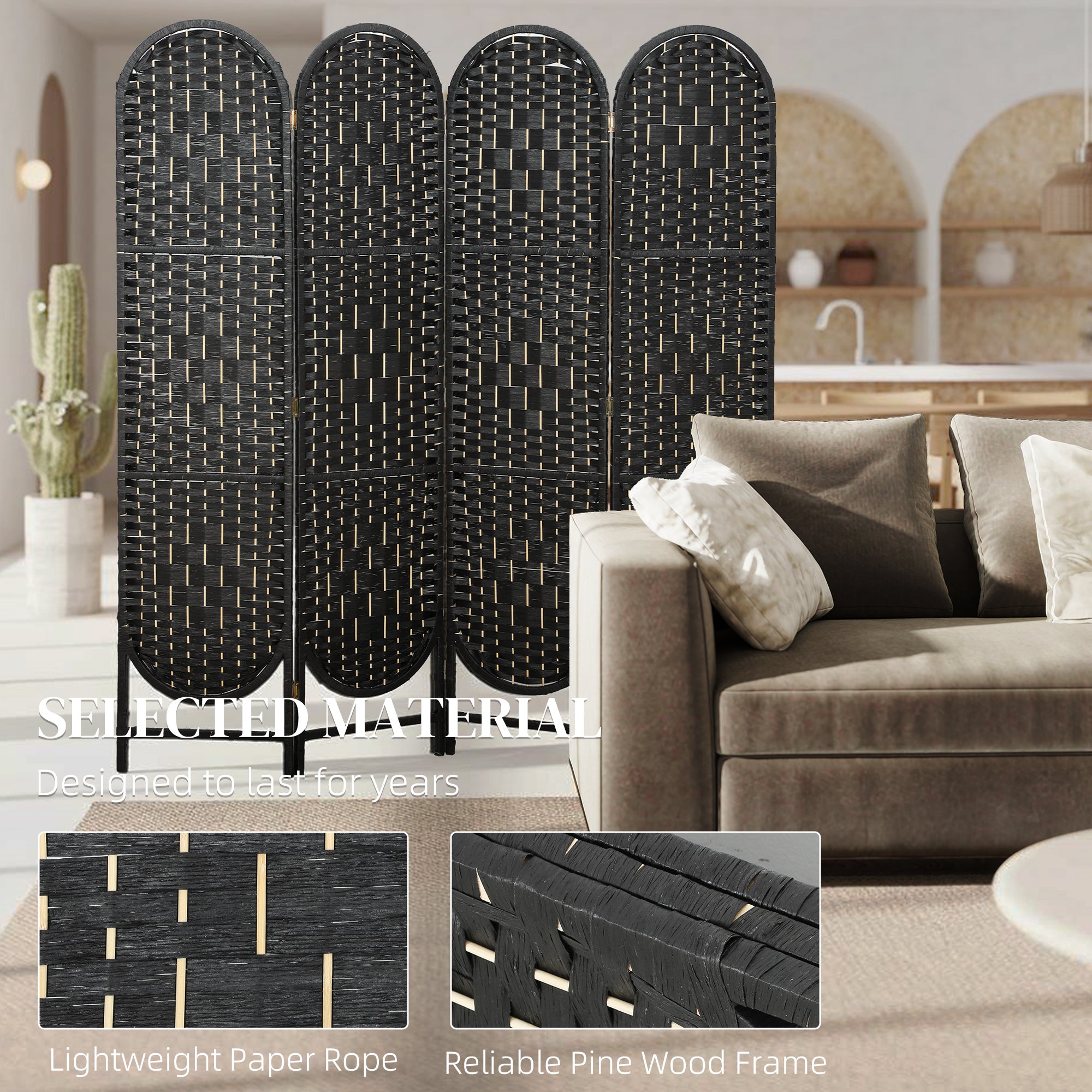 Bohemian Privacy Screen, Folding Room Divider with 4 Panels and Arched Top for Bedroom Living Room Office, Black