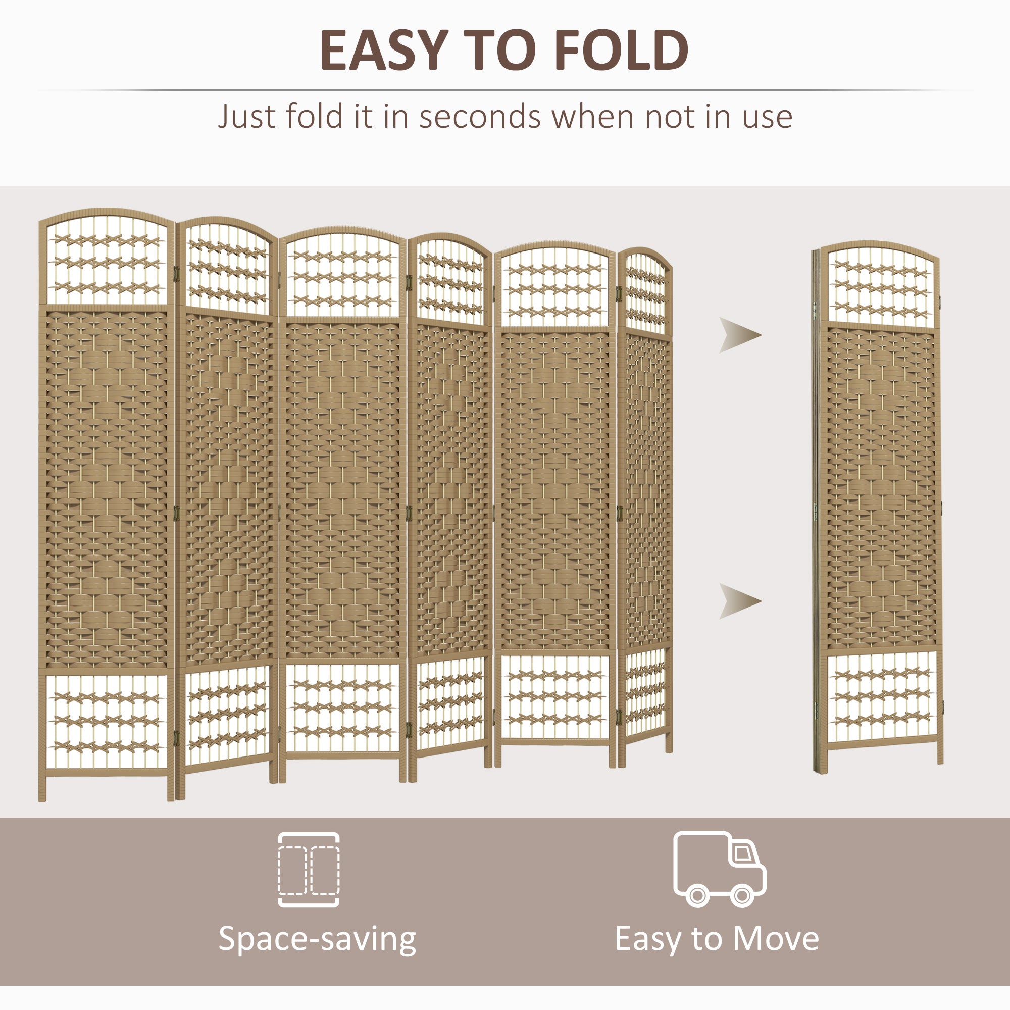6 Panel Folding Room Divider, Portable Privacy Screen, Wave Fiber Room Partition for Home Office, Natural