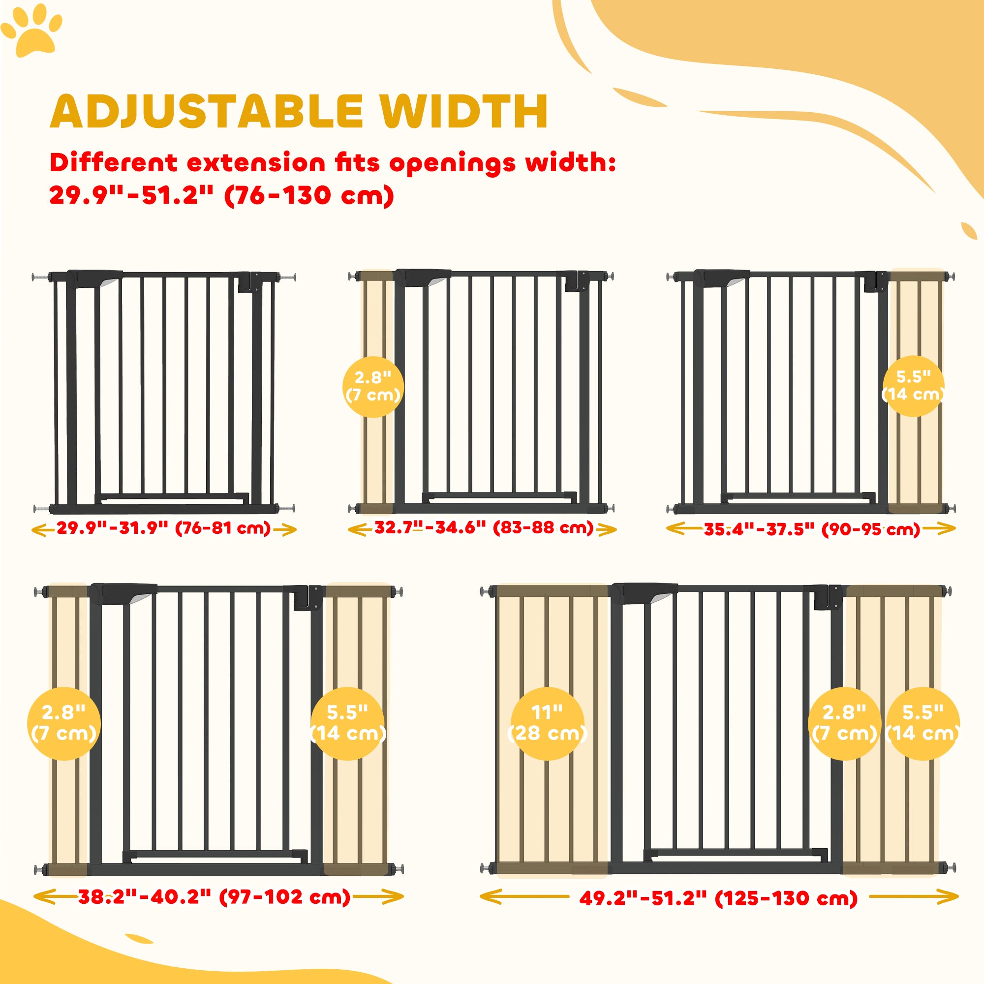 Baby Gate, Pet Safety Gate Pressure Fit, 30"-51" Wide with Two-Way Open, Auto-Close for Stair, Doorways, Hallways, Black