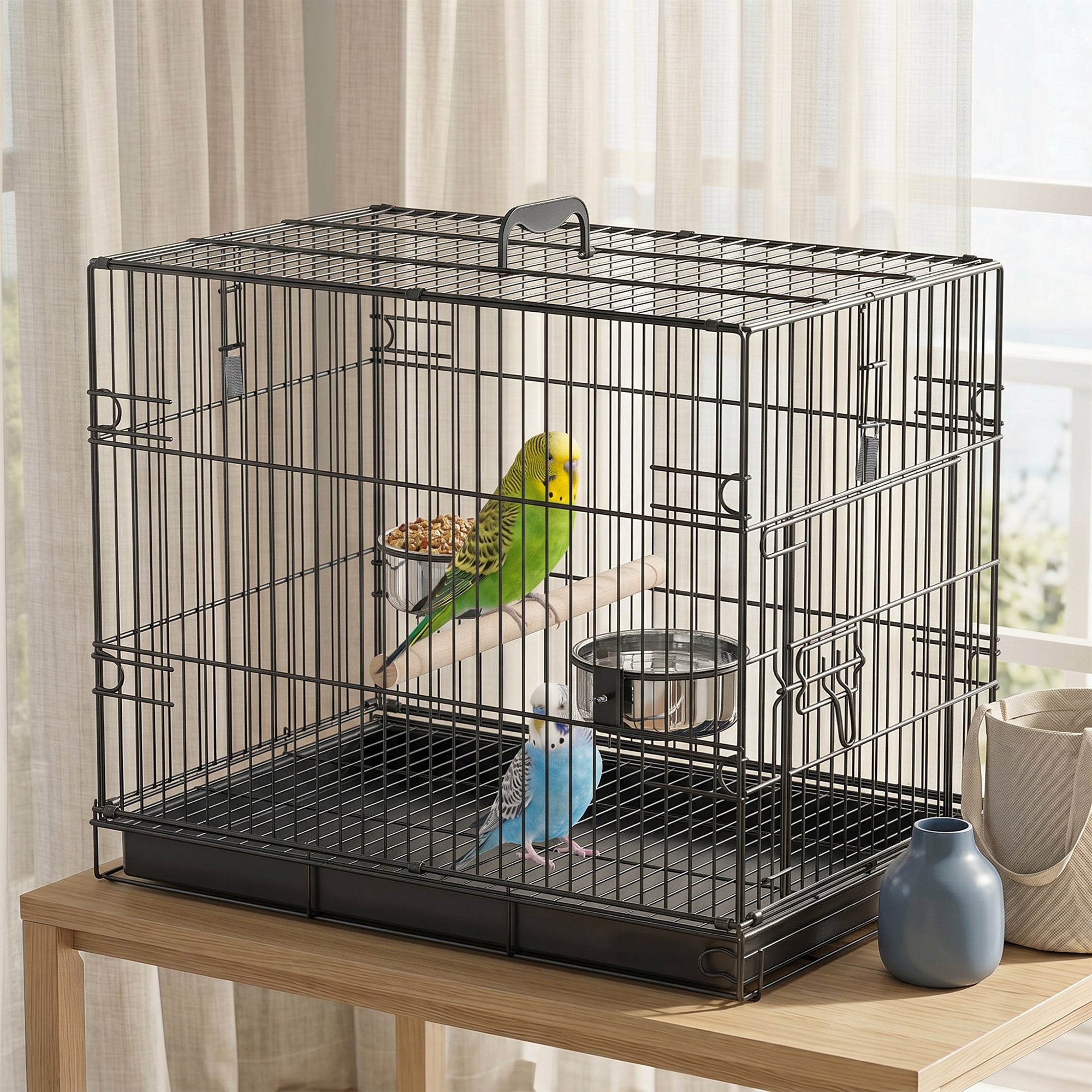 Bird Cage Portable w/ Slide-Out Tray Travel Cage for Parakeets w/ Perch & Food Bowls Black