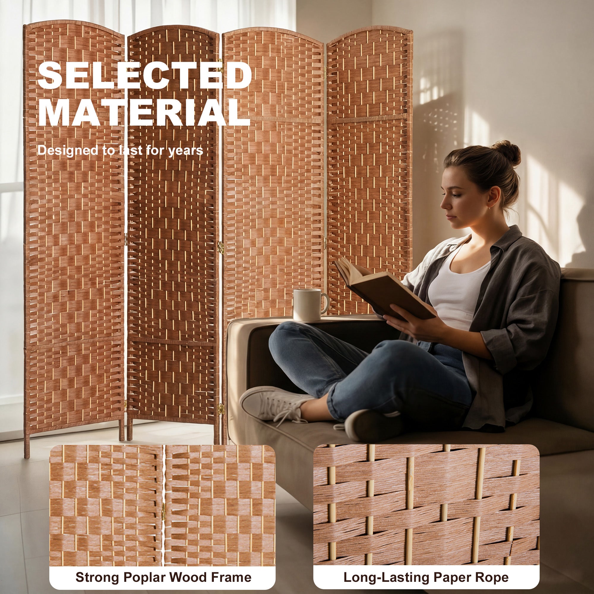 Paravent pliable de 6 pieds, cloison murale à 4 panneaux avec cadre en bois pour chambre ou bureau à domicile, finition naturelle