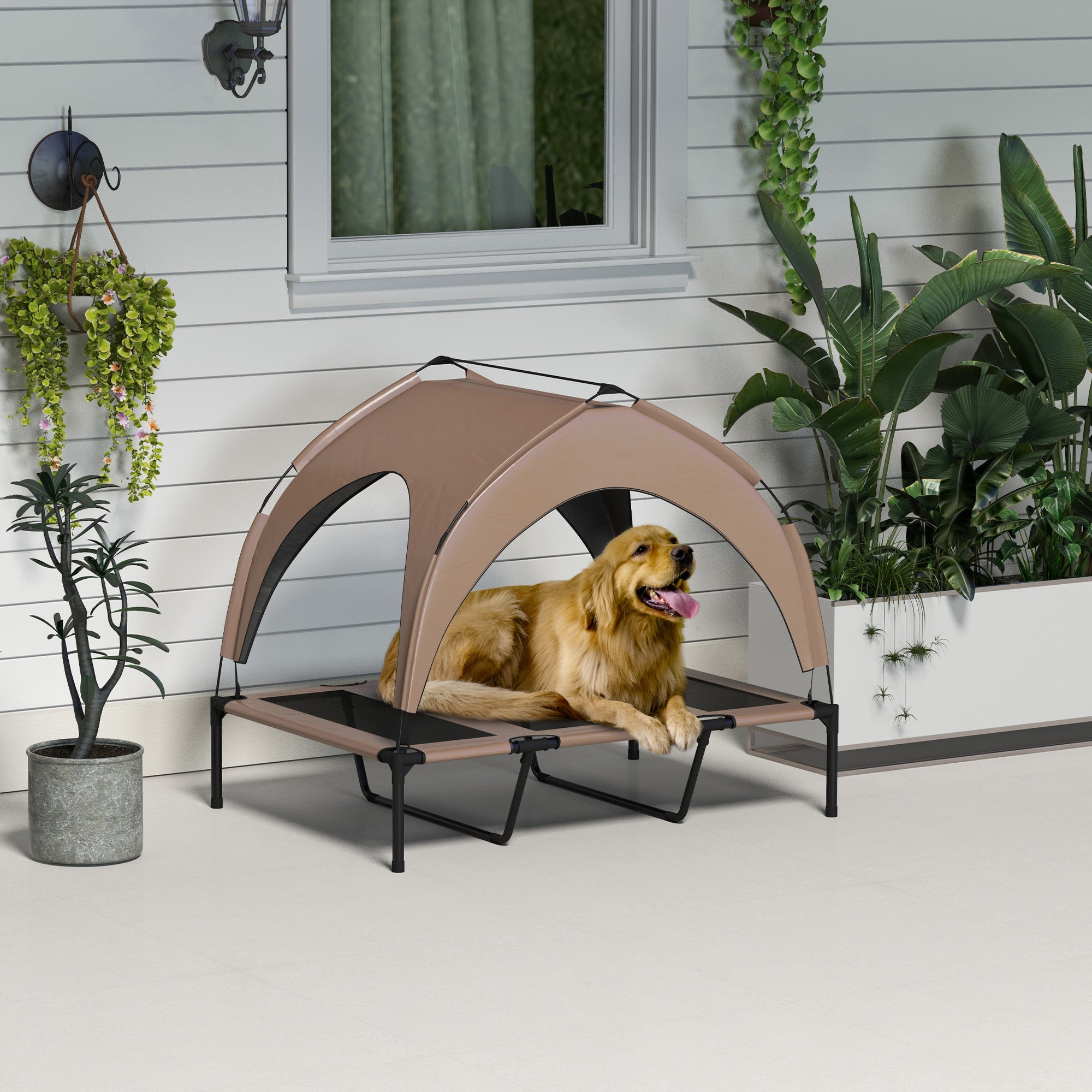 Lit surélevé rafraîchissant pour chien avec auvent, maille lavable et respirante, pour grands chiens, café
