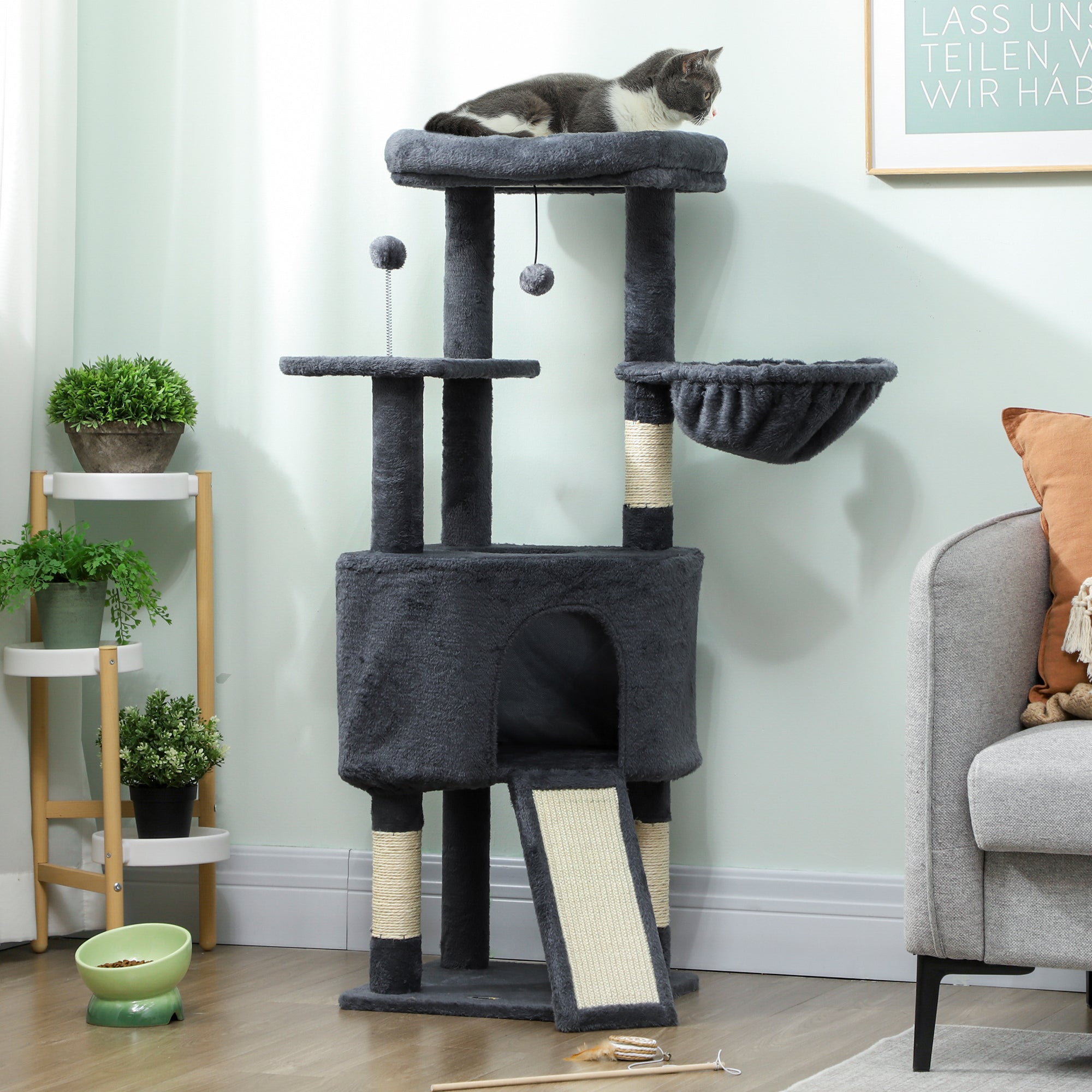 47 Inch Cat Tree, Cat Tower for Indoor Cats with Cozy Condo, Bed, Toy Balls, Sisal Scratching Posts, Hammock, Dark Grey