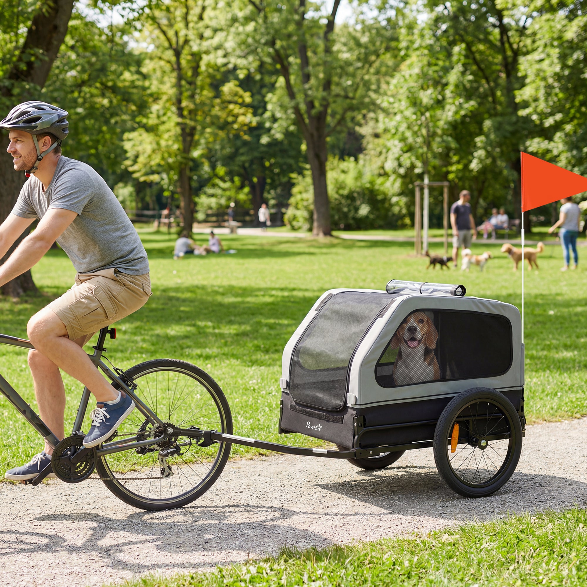 Dog Bike Trailer for Small & Medium Dogs up to 44 lbs, Universal Bicycle Coupler, Flip-Down Ramp Tailgate, Grey