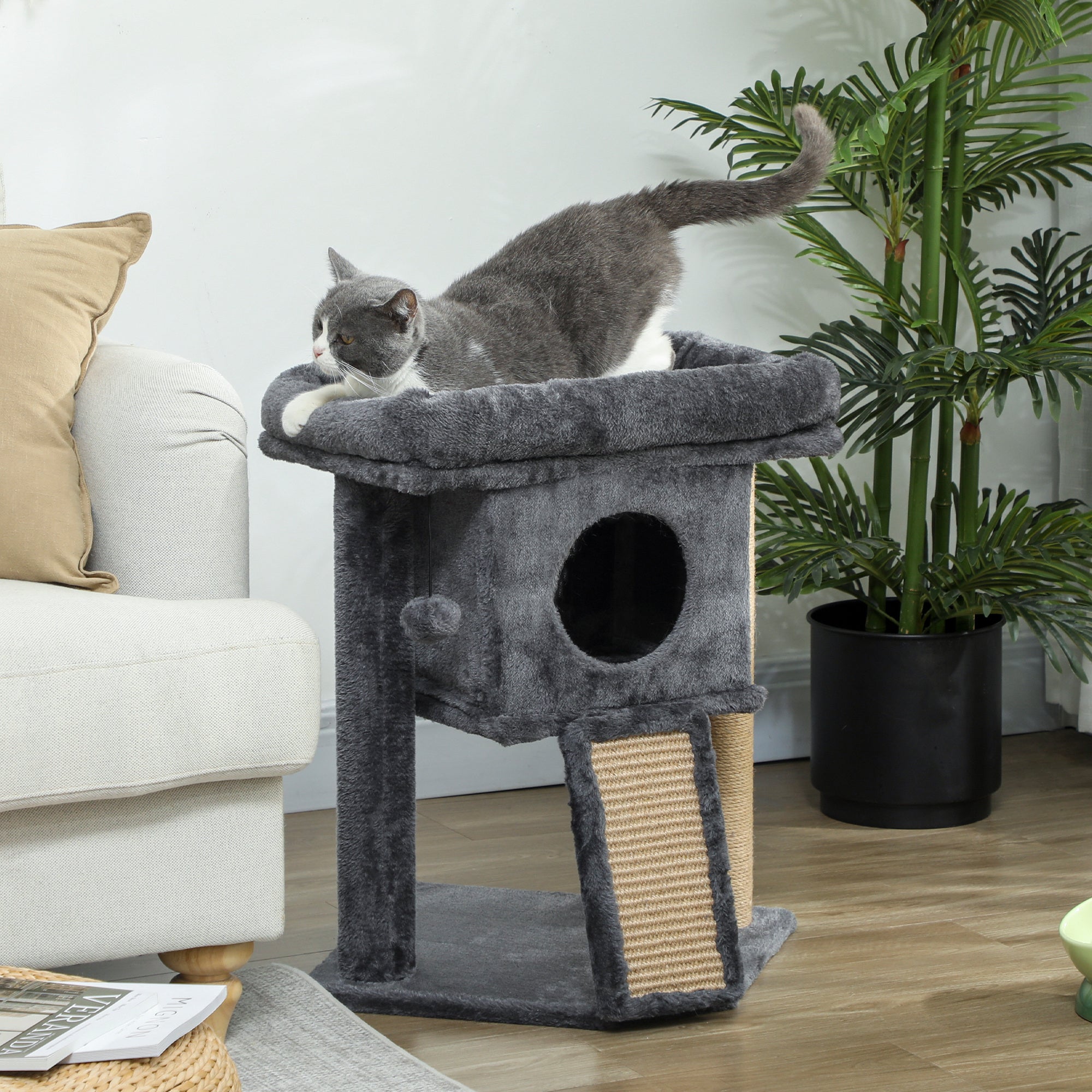 Cat Tree, Small Cat Tower with Perch, Scratching Post, Cat Condo, Toy Ball for Kitty, Indoor Use, Dark Grey