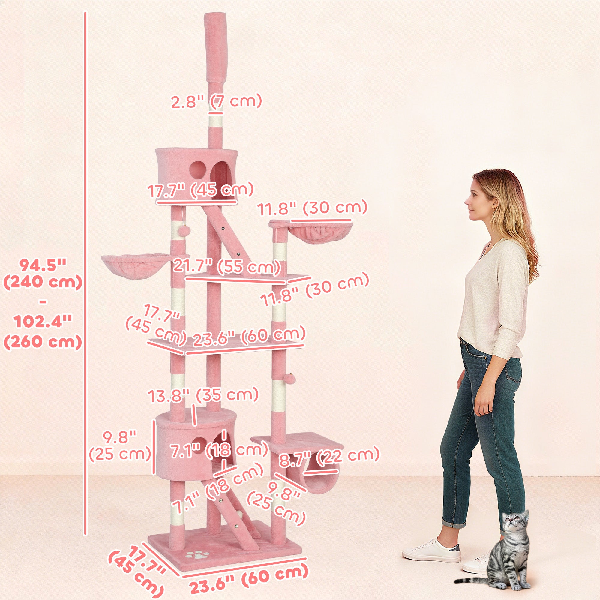 94"-102" Floor to Ceiling Cat Tree High Cat Condo Scratching Post Activity Center Multi-Level Play House Pink