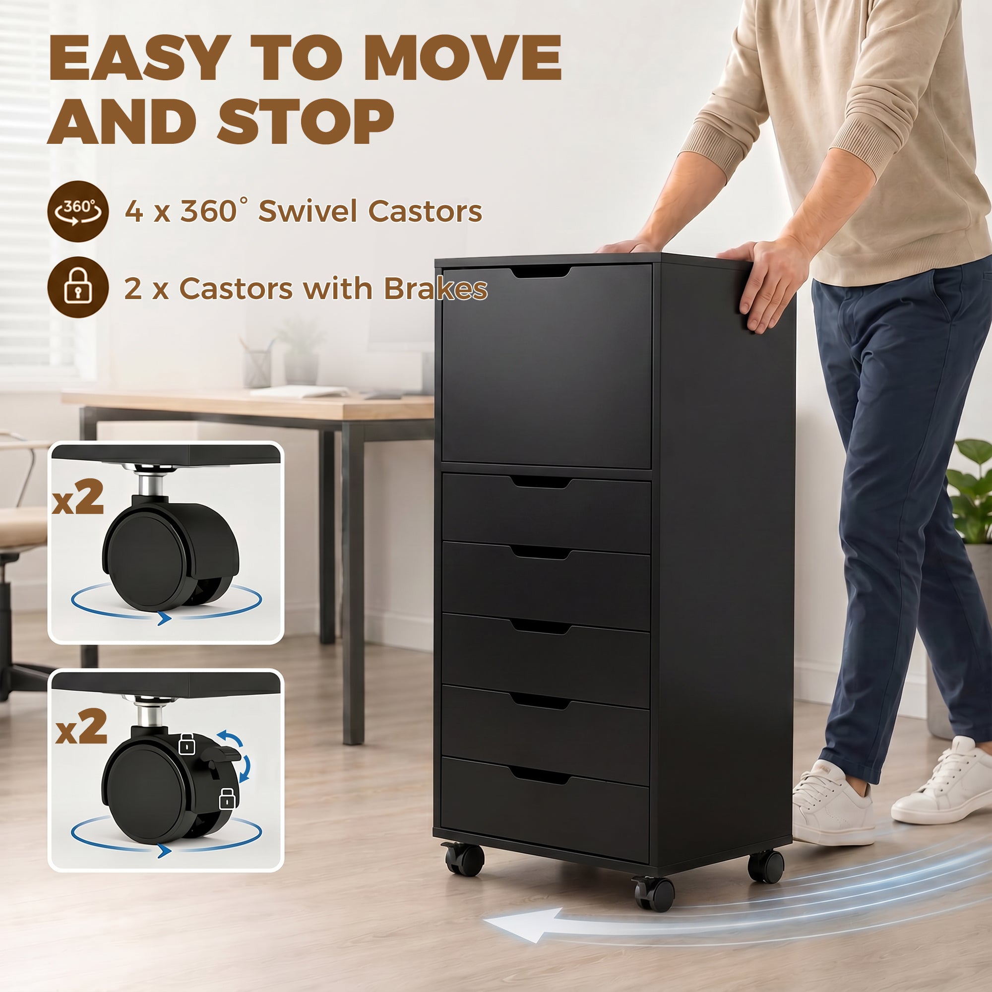 File Cabinet on Wheels Mobile Printer Stand with 5 Drawers for Home Office Black-Office Products > Office Furniture > Office Cabinets & Cupboards-DECOROLALA