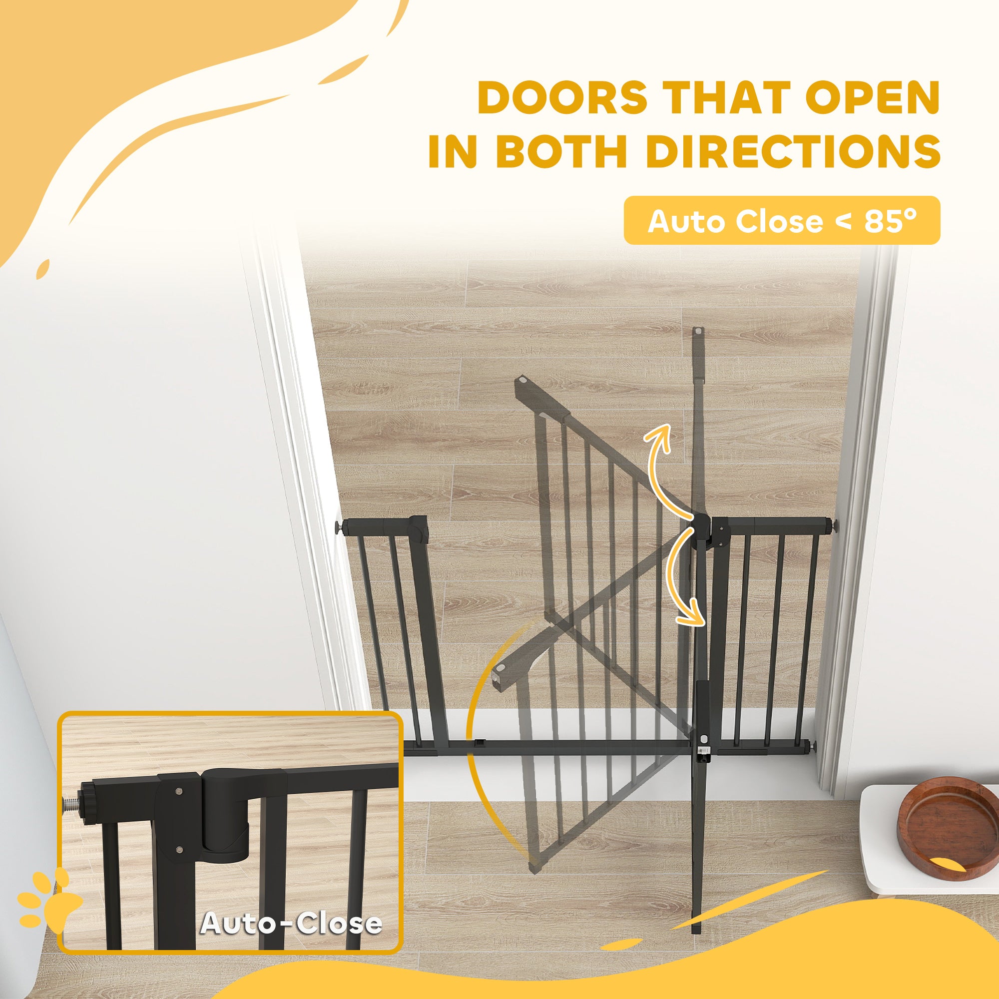 Baby Gate, Pet Safety Gate Pressure Fit, 30"-40" Wide with Two-Way Open, Auto-Close for Stair, Doorways, Hallways, Black
