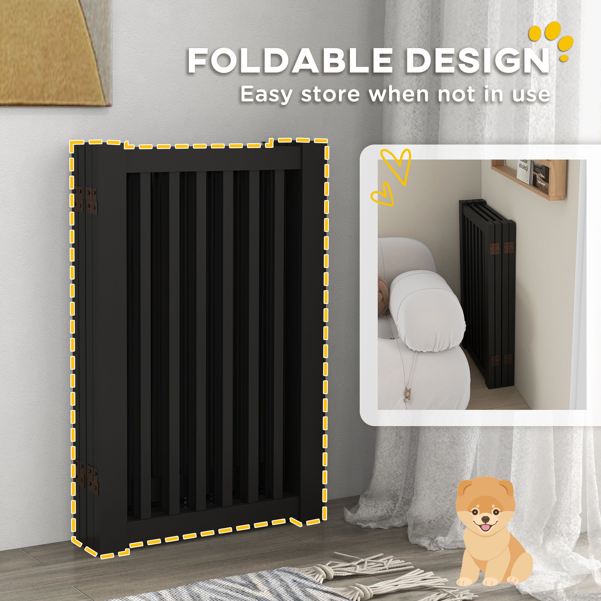 4 Panel Free Standing Wooden Pet Gate with Open Door Black