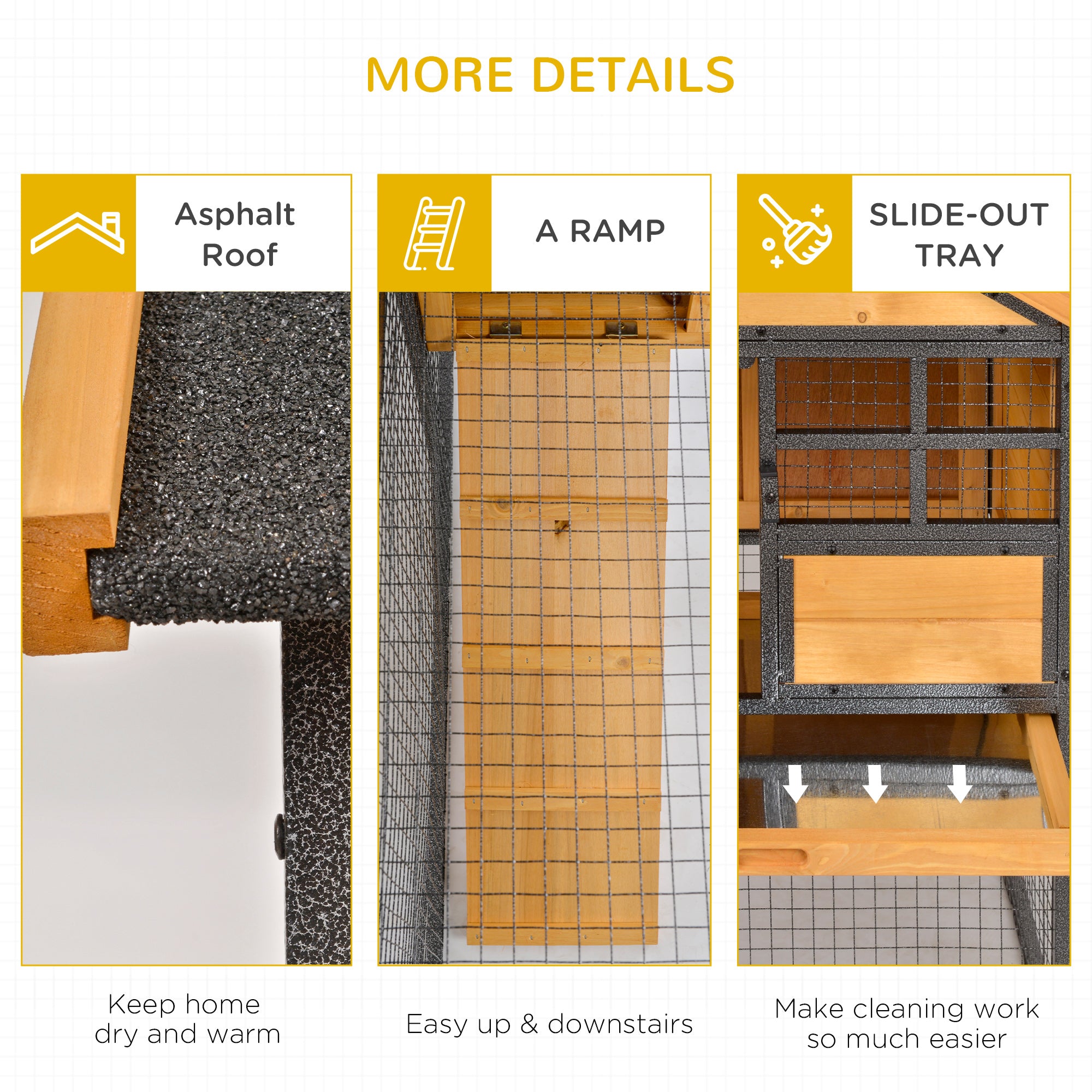 Clapier extérieur pour lapins, 48"L, grand enclos en bois avec espace de course, structure métallique résistante aux morsures, plateau en plastique amovible, toit en asphalte, rampe, cage pour cochons d’Inde et 1 à 2 lapins, jaune