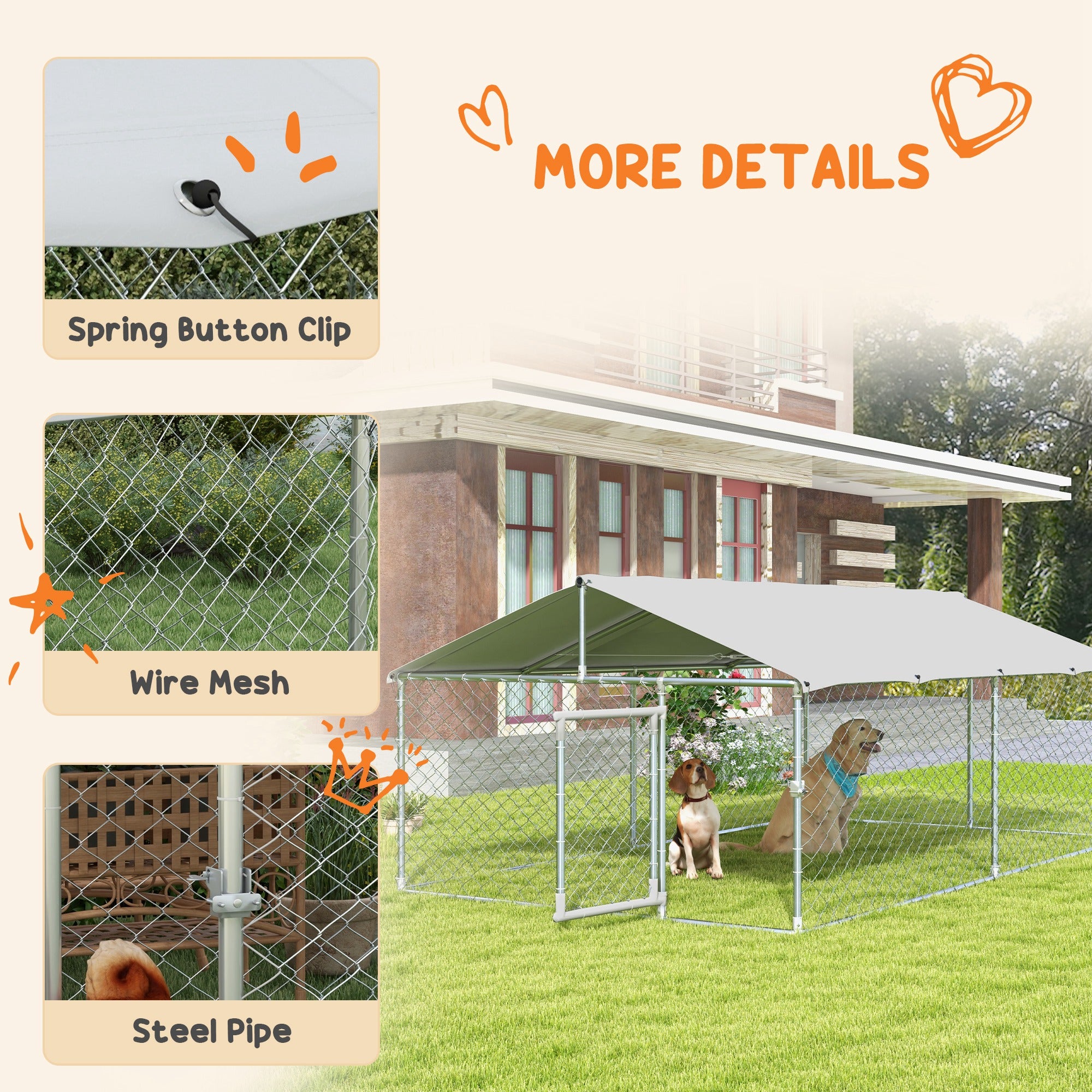 Parc pour chien extérieur de 13.1' x 7.5' x 4.9' avec couverture imperméable et résistante aux UV, pour chiens de taille moyenne à grande, argenté