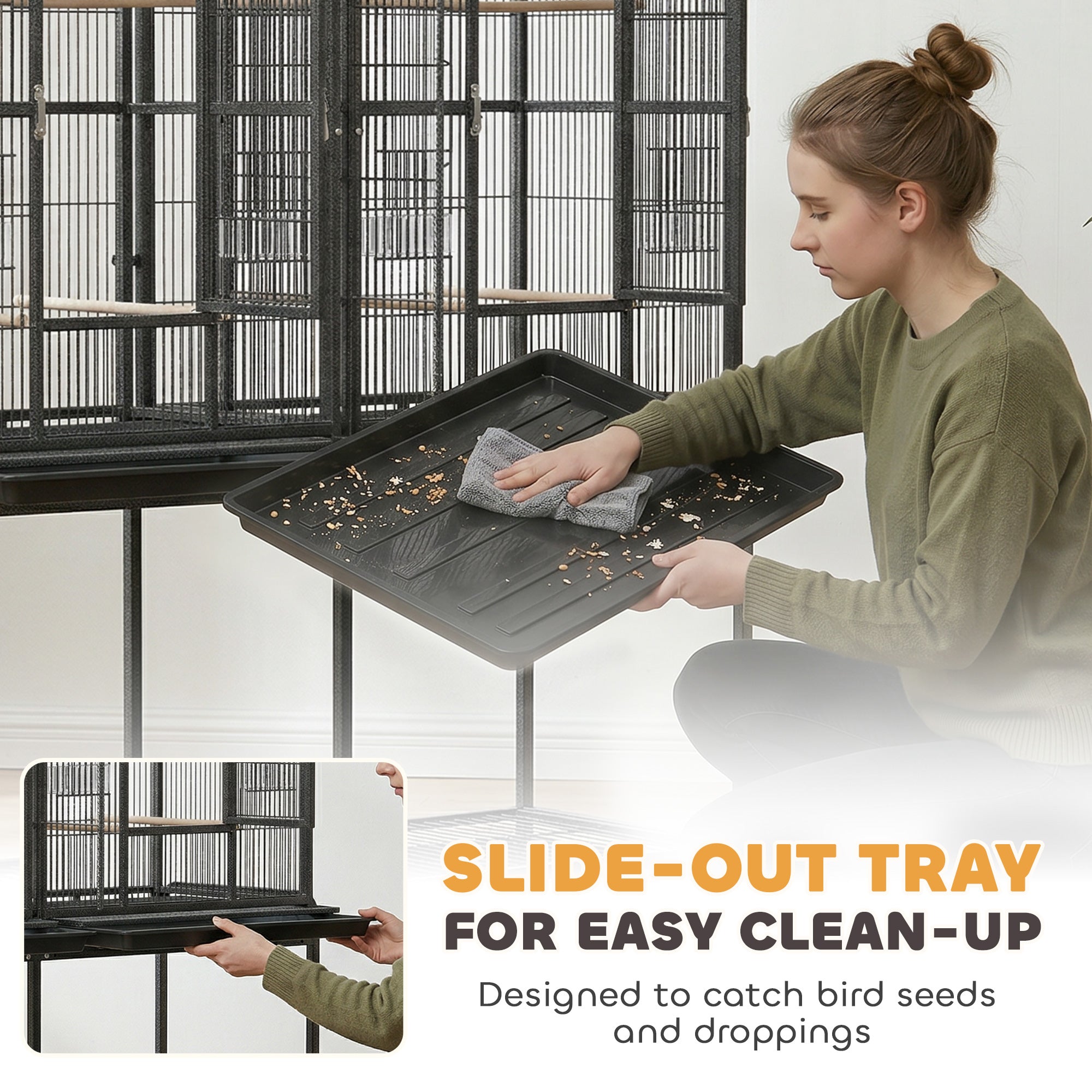 56"H Bird Cage, Parrot Cage w/ Detachable Rolling Stand, Removable Tray, Storage Shelf, Perches, Food Container
