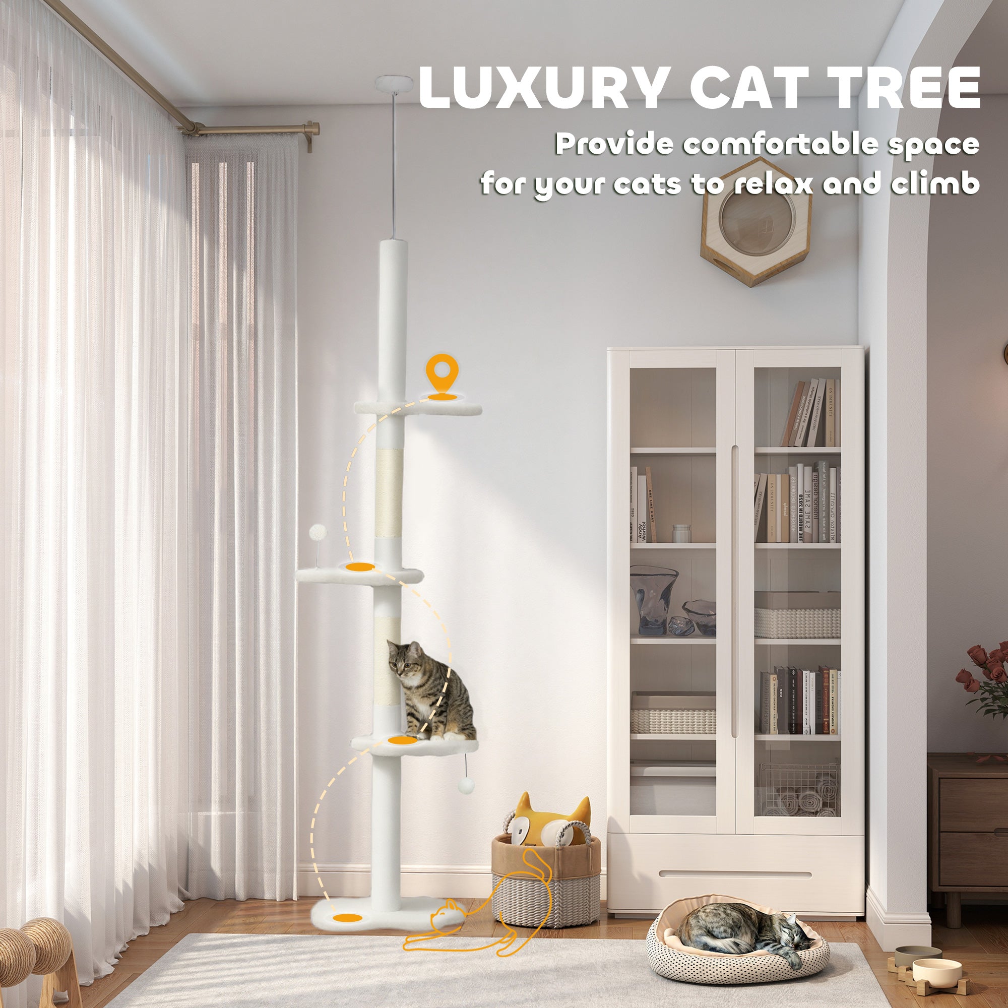 88.5"-100.5" Floor to Ceiling Cat Tree, Cat Tower with Scratching Posts, Cloud Shaped Platforms, Dangling Balls, Cream