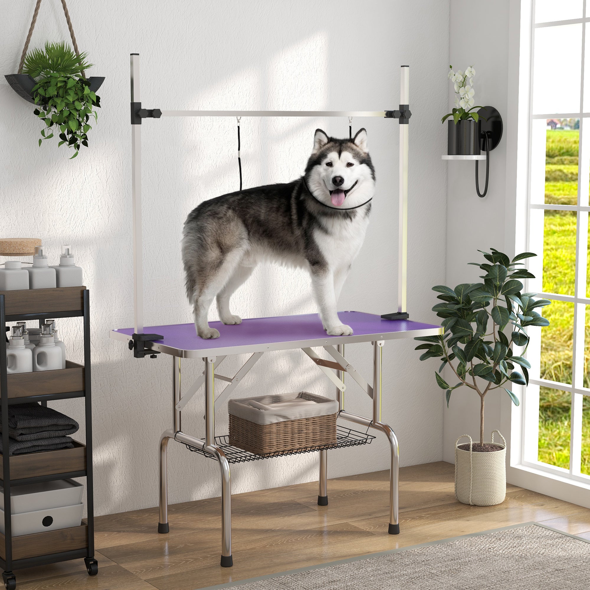 Adjustable Dog Grooming Table with 2 Safety Slings, Storage Basket, Purple