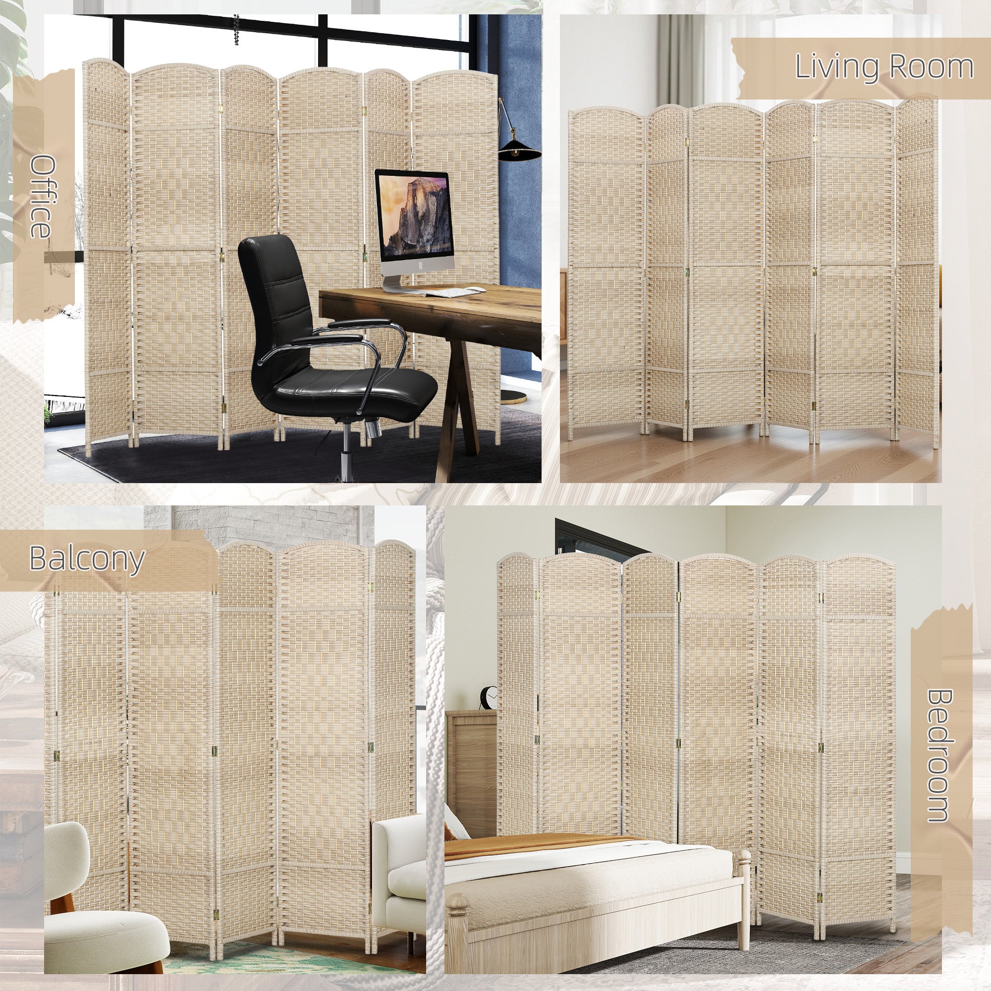 6 Ft Tall Folding Room Divider, 6 Panel Portable Privacy Screen, Hand-Woven Partition Wall Divider, Light Oak