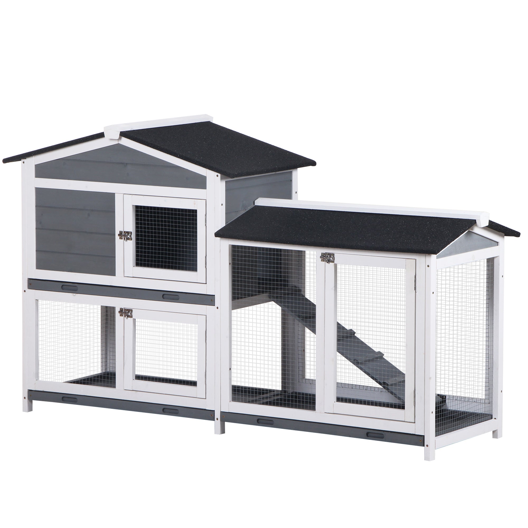 2-tier Wooden Rabbit Hutch w/ Ramp and Outdoor Run, Grey