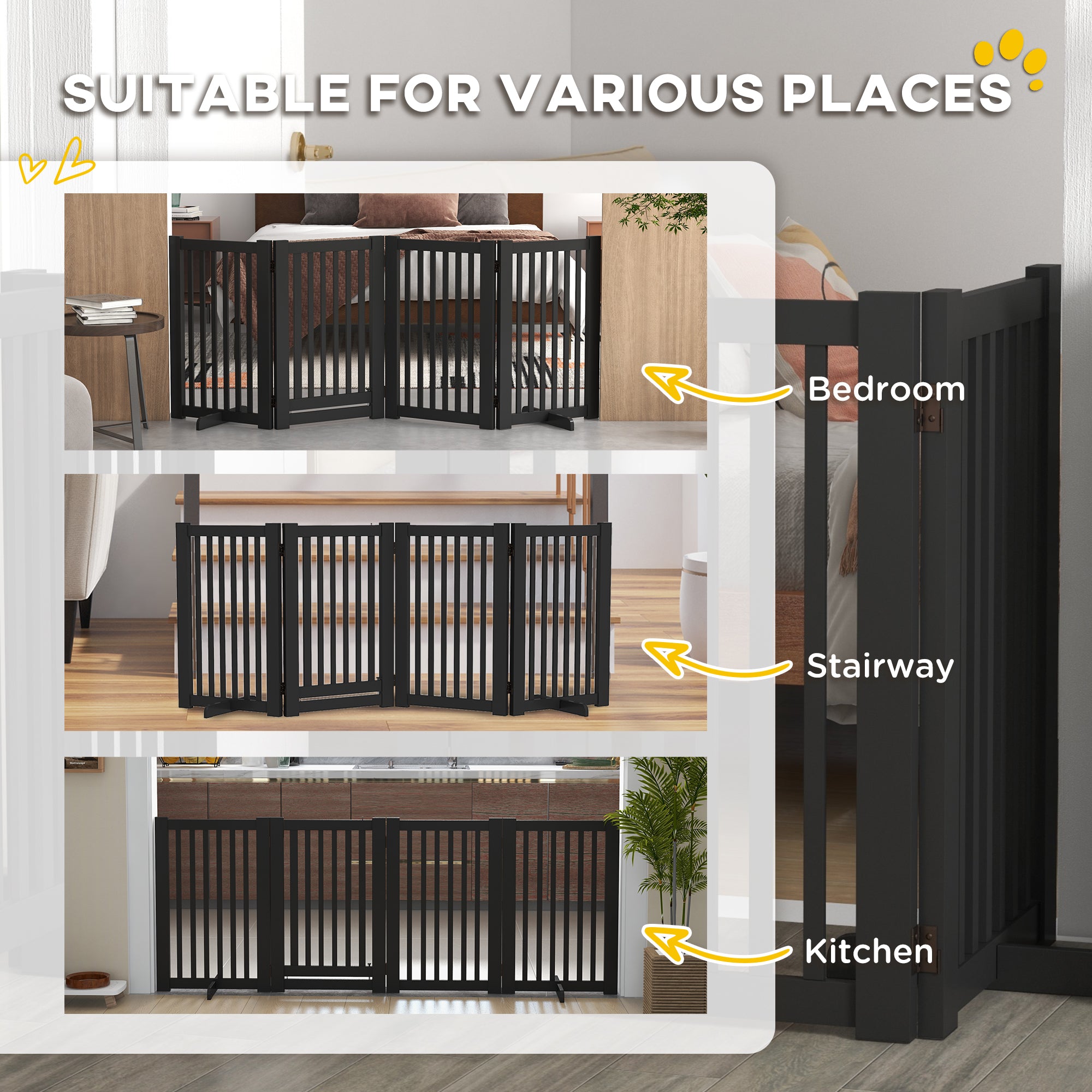 4 Panel Free Standing Wooden Pet Gate with Open Door Black