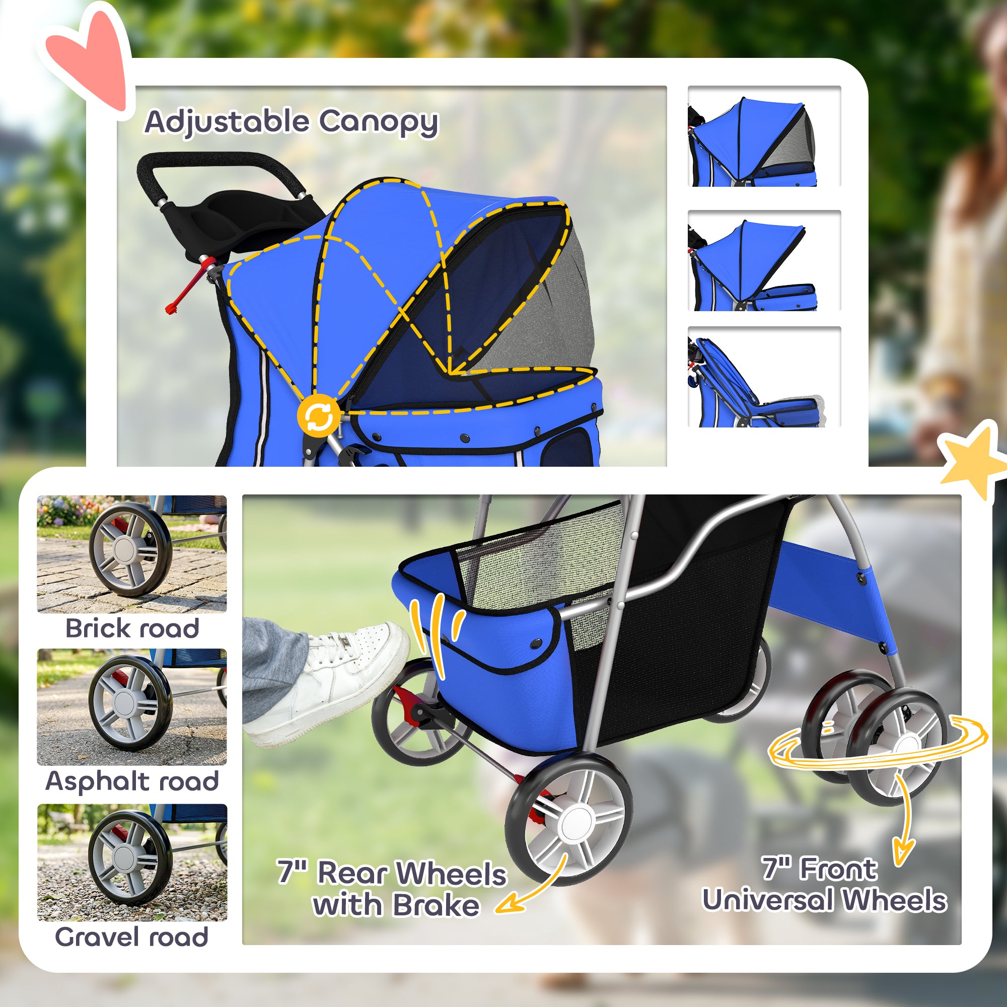 Pet Stroller with Reflective Strips, Foldable Cat Stroller with 360° Swivel Wheels for Small Dogs and Cats, Blue