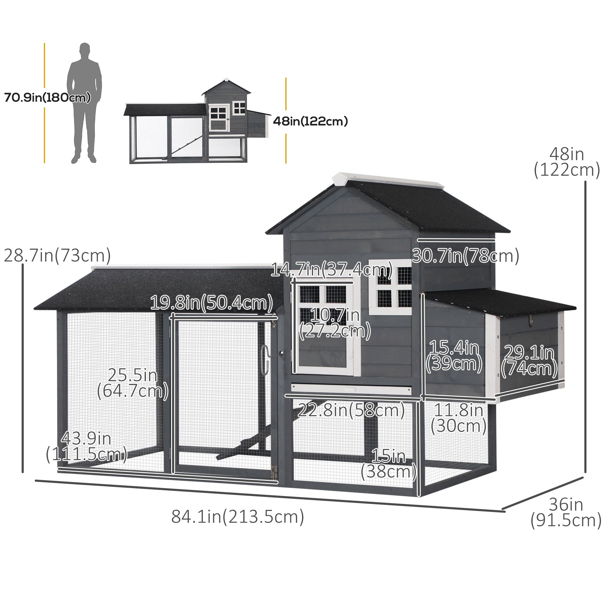 Poulailler en bois de 82 po avec nichoir et parcours, clapier pour lapins et cage pour volailles, pour l’extérieur et le jardin, gris
