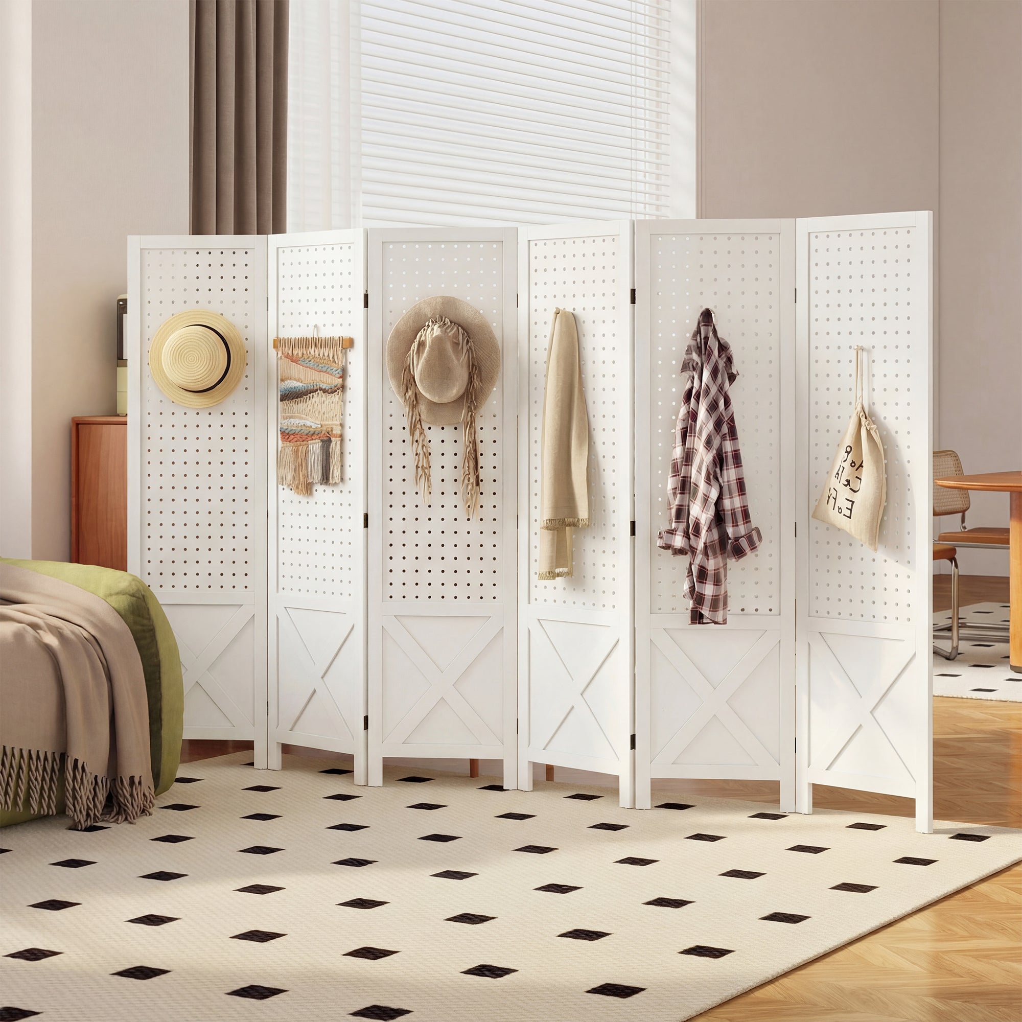 56.9" 6 Panel Wooden Room Divider with Pegboard Display, Folding Privacy Screen for Home Office, White