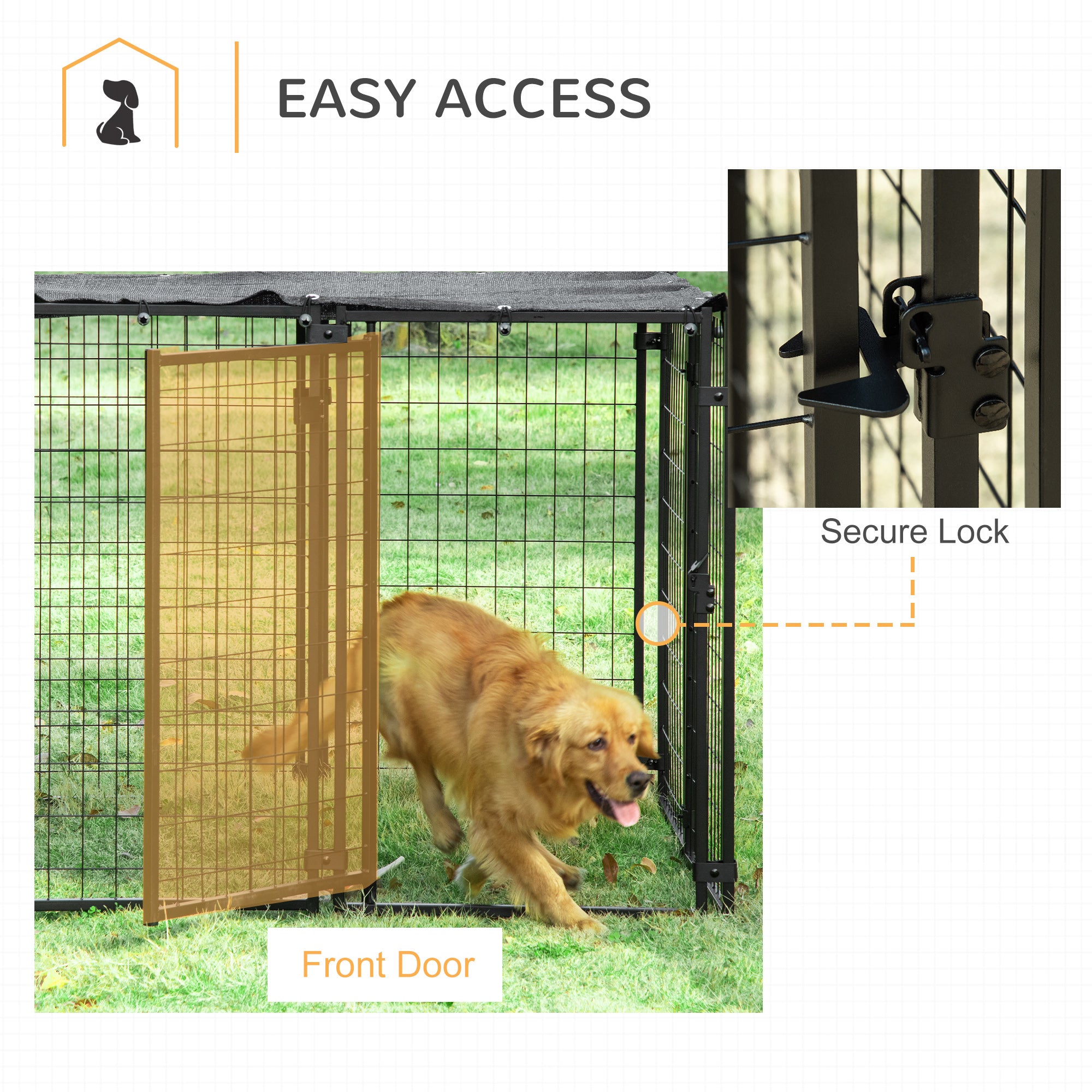Chenil extérieur pour chien, parc-cage verrouillable pour animal avec couverture supérieure, noir