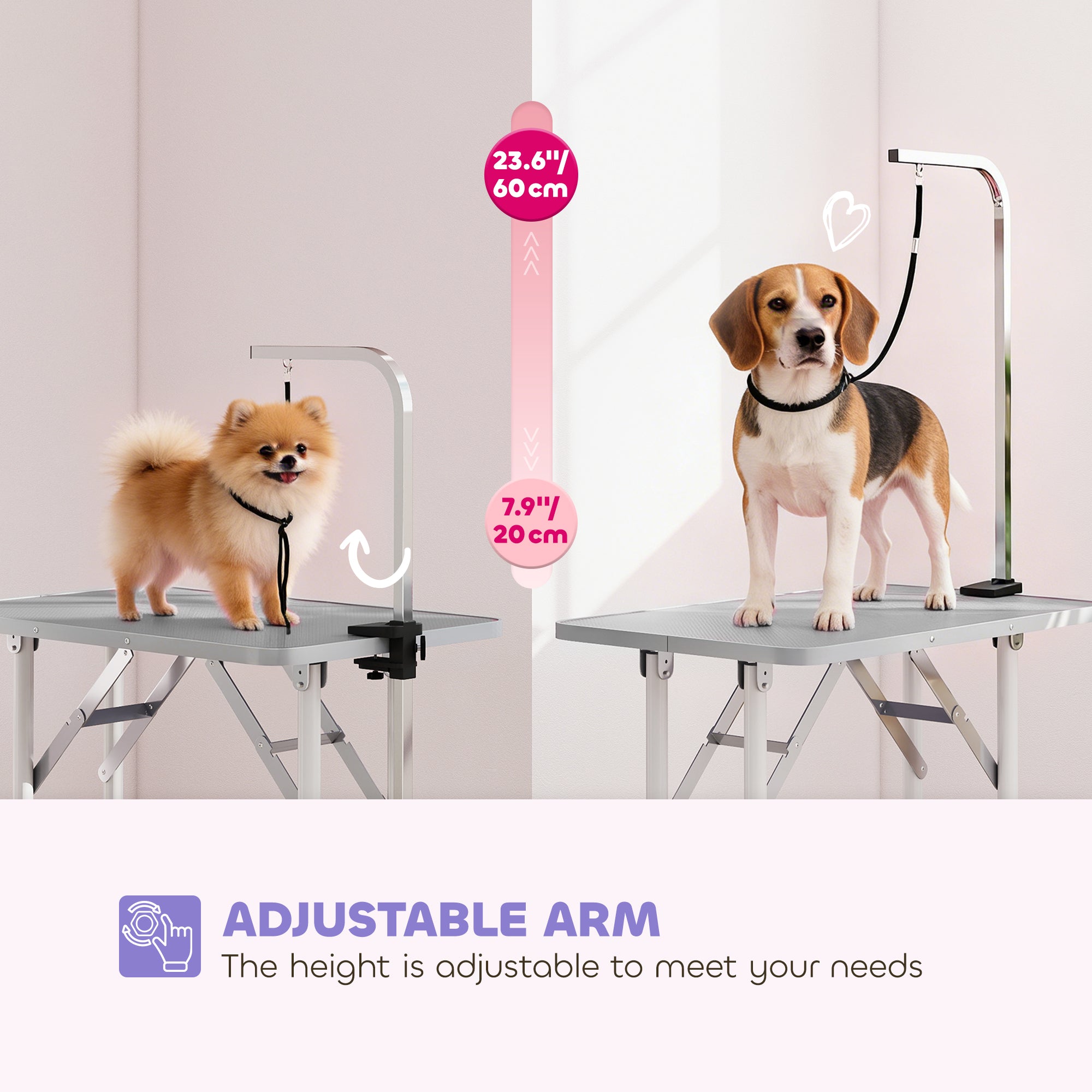 Foldable Pet Grooming Table for Dogs Cats with Adjustable Arm, Non-slip Surface, Grey