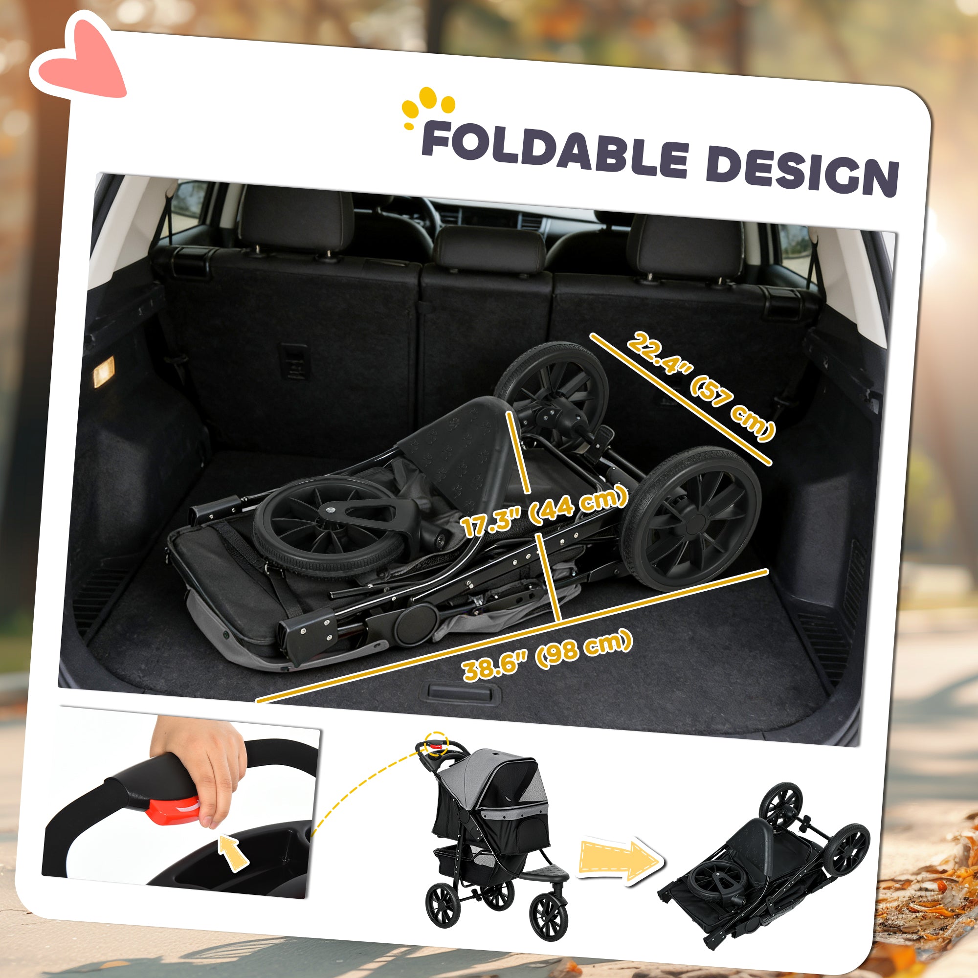 3 Wheel Folding Dog Stroller, Travel Carrier with Adjustable Canopy, Storage Brake, Mesh Window for S&M Dogs Grey