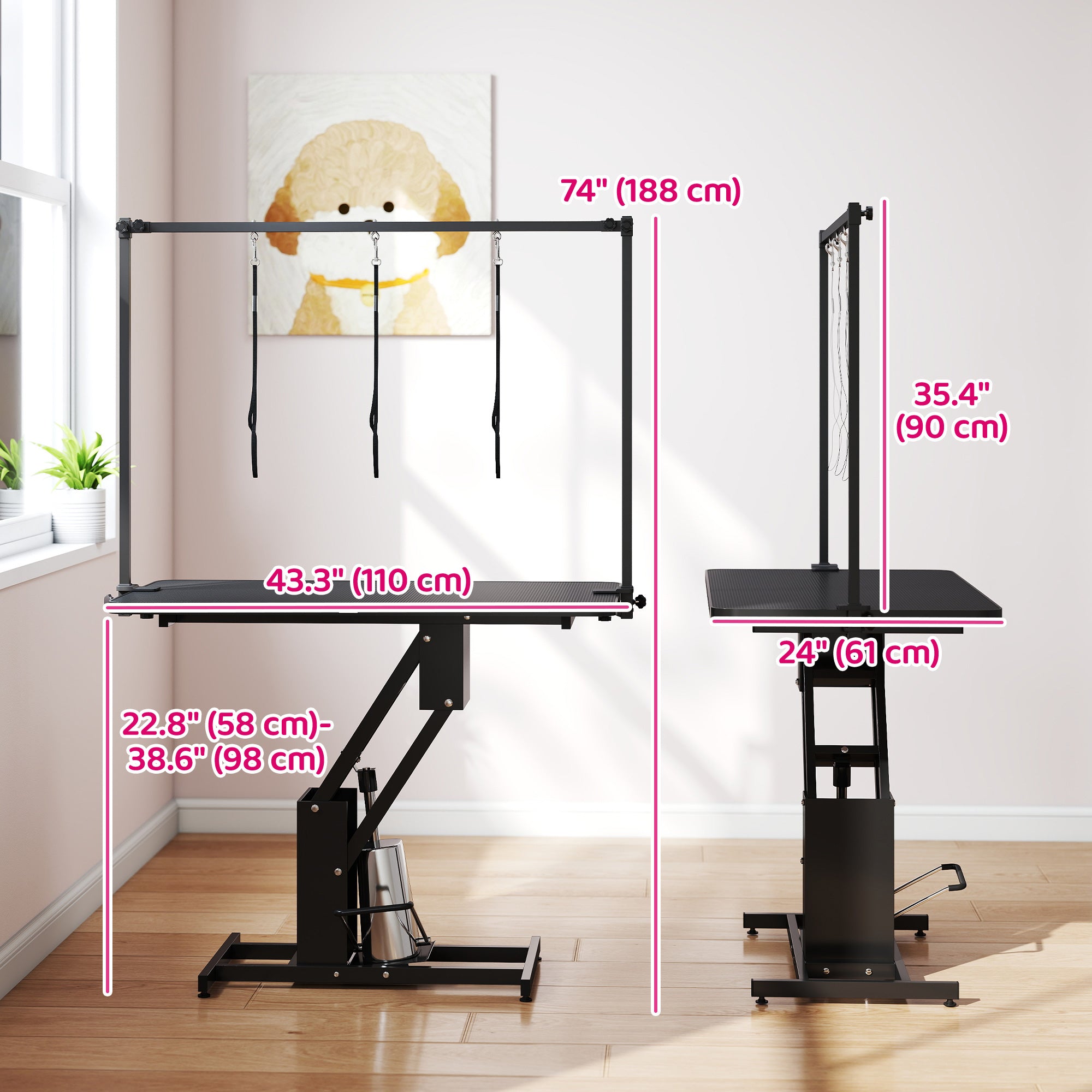 43" L Hydraulic Dog Grooming Table, Z-Lift Height Adjustable Pet Grooming Table with Noose and Non-Slip Tabletop