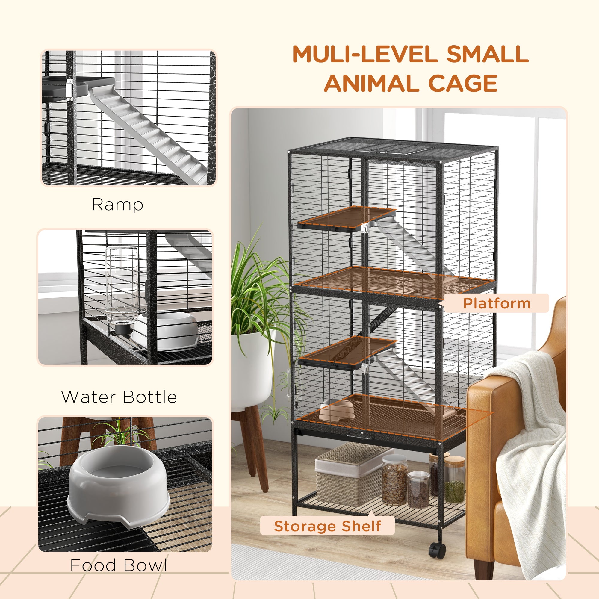 Rolling Small Animal Cage 53.5"H Chinchilla Cage for Ferrets, Squirrels w/ Removable Tray, Storage Shelf, Dark Grey
