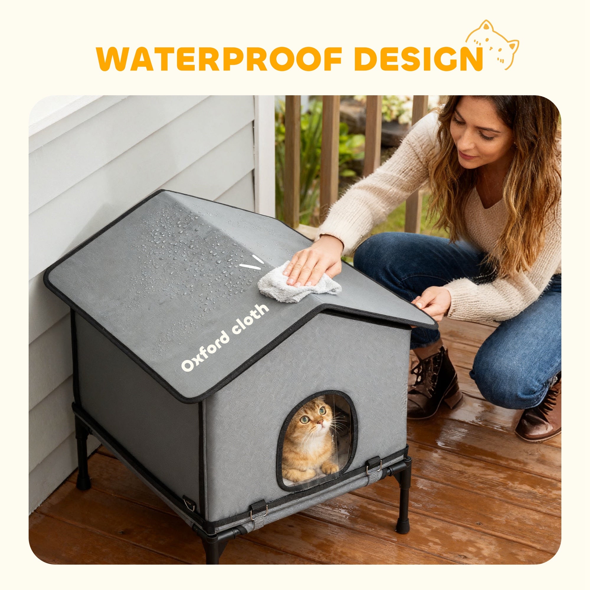 Outdoor Cat House, Waterproof Insulated Cat Kennel with Elevated Base, Foldable Feral Kitty Shelter for Kittens, Grey