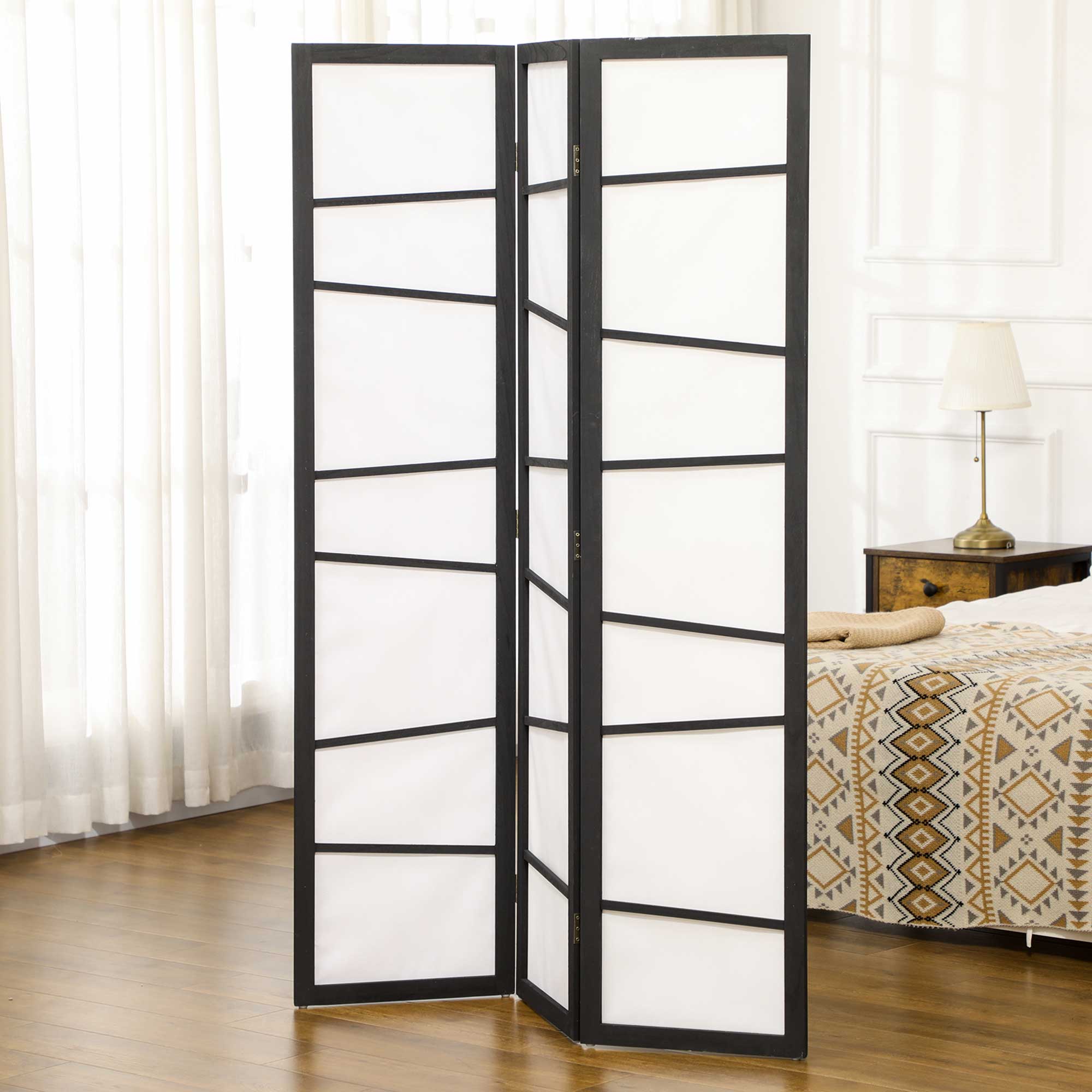5.6ft Folding Room Divider, 3 Panel Wall Partition with Wood Frame for Bedroom, Home Office, White