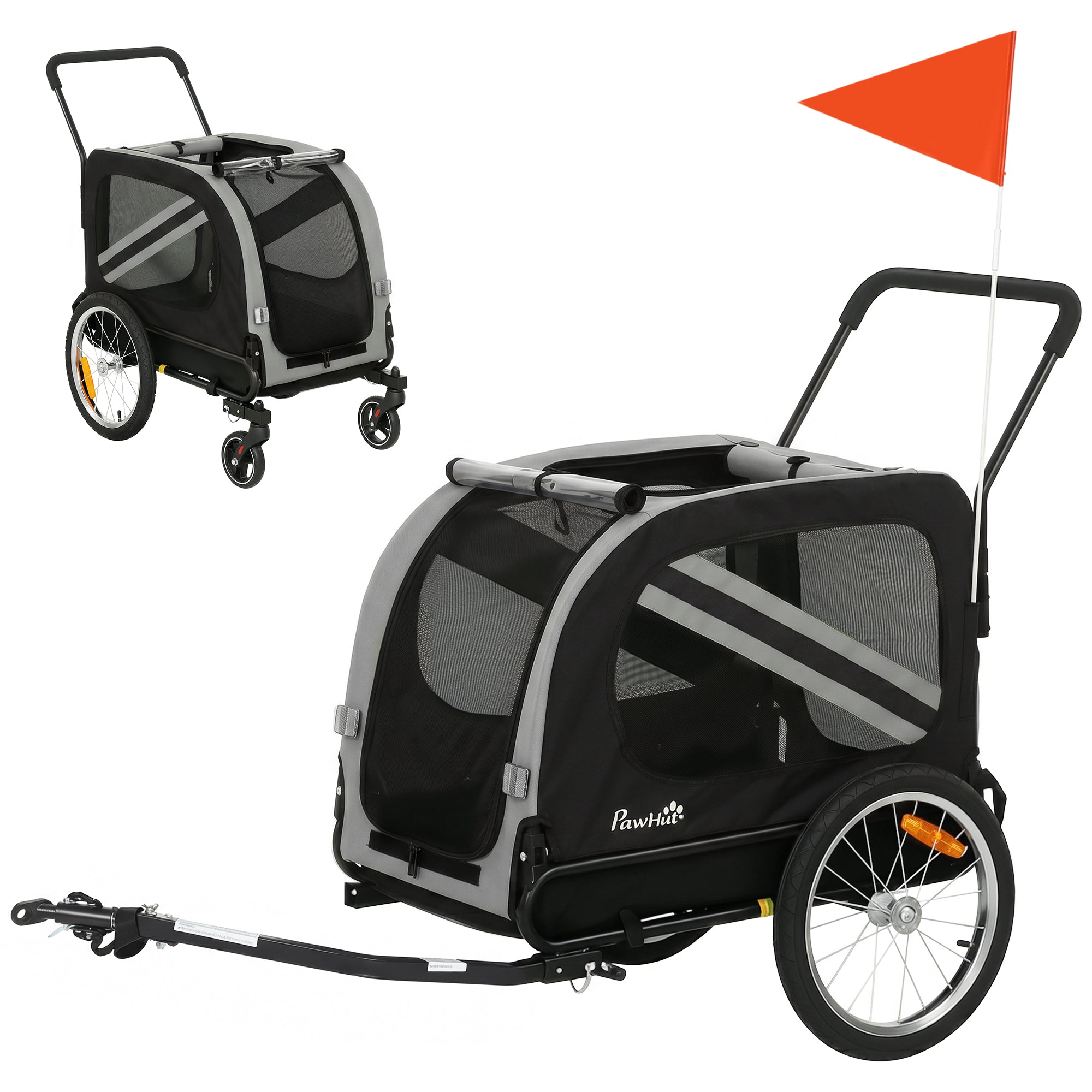 Remorque à vélo pour chien, poussette pour chien 2-en-1 avec réflecteurs de roue universels et fanion, grise