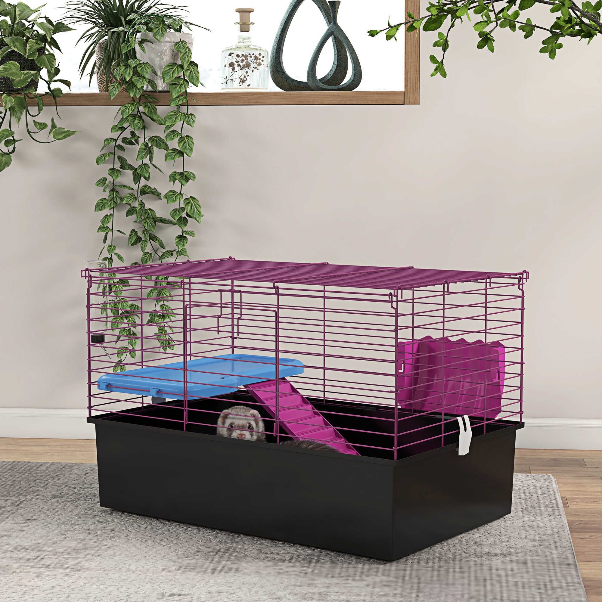 18.5" Small Animal Cage with Water Bottle, Food Dish, Platform, Ramp, Black