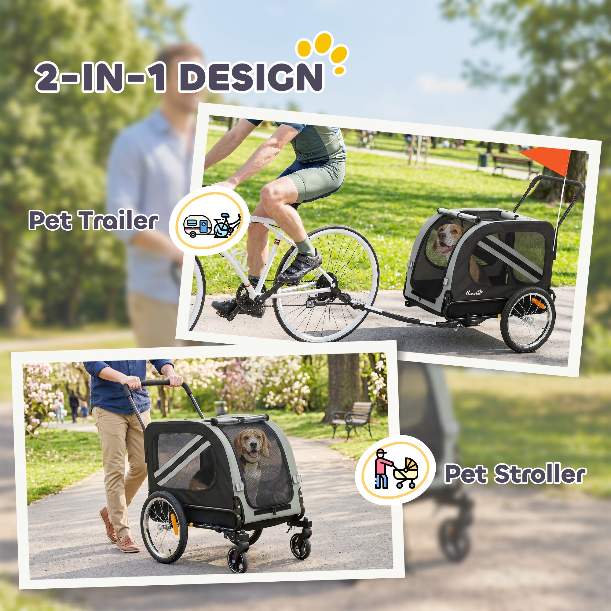 Dog Bike Trailer, 2-in-1 Dog Stroller with Universal Wheel Reflectors Flag, Grey