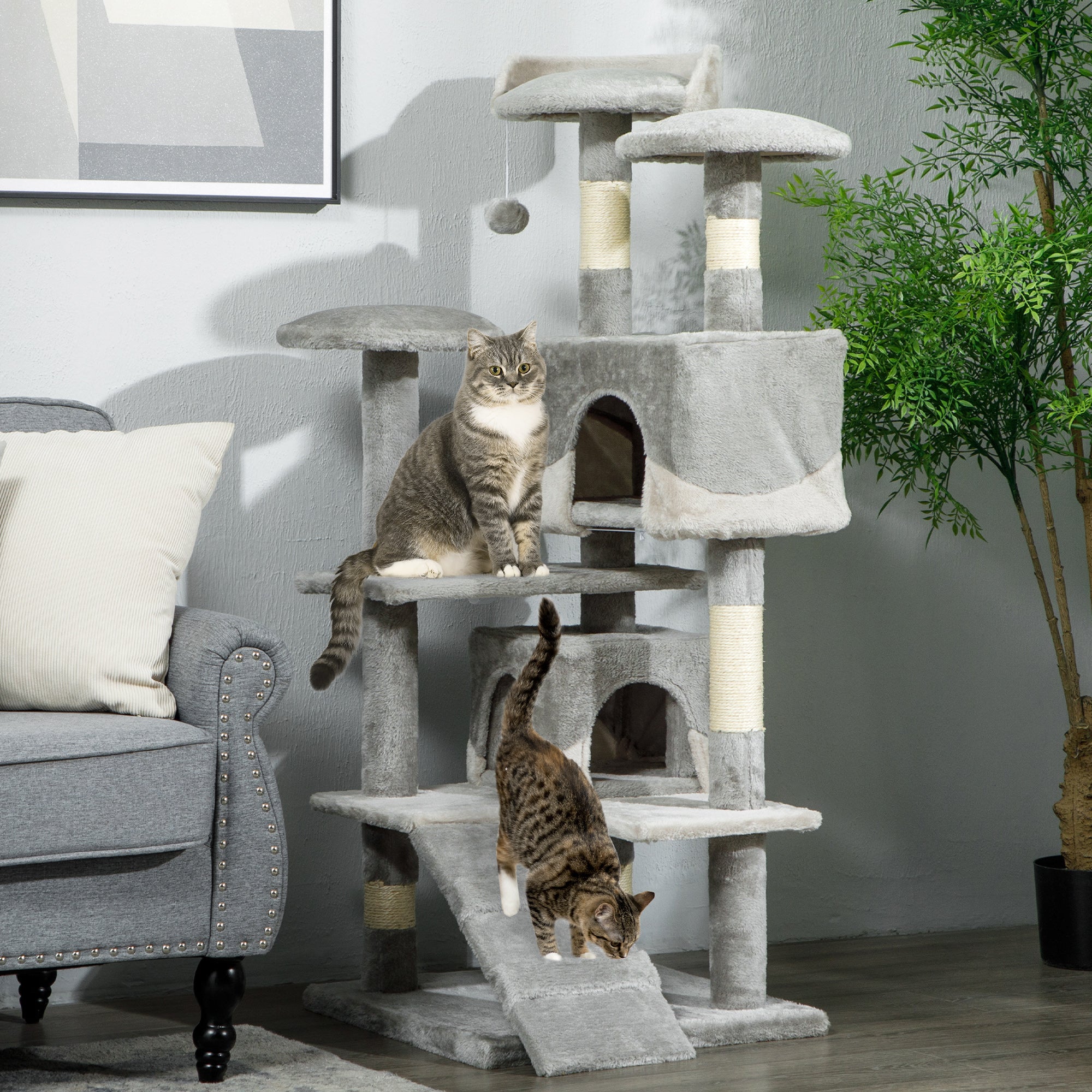 53" Cat Tree Scratching Large Kitten Play House Multi-Level Activity Center Pet Furniture, Grey